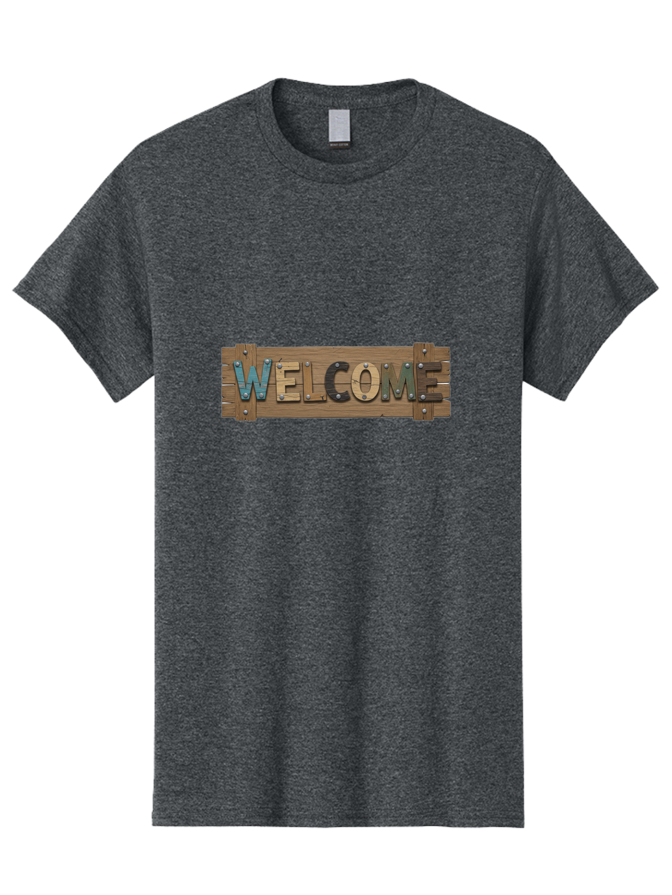 Welcome Men'S Graphic Tee, 100% Cotton, Comfortable Casual Summer Wear, Machine Washable, Wooden Welcome Sign, Rustic Design, Colorful Letters, Metal Rivets, Vintage Feel, Country Charm, Wooden Texture, Greeting Sign Bad910