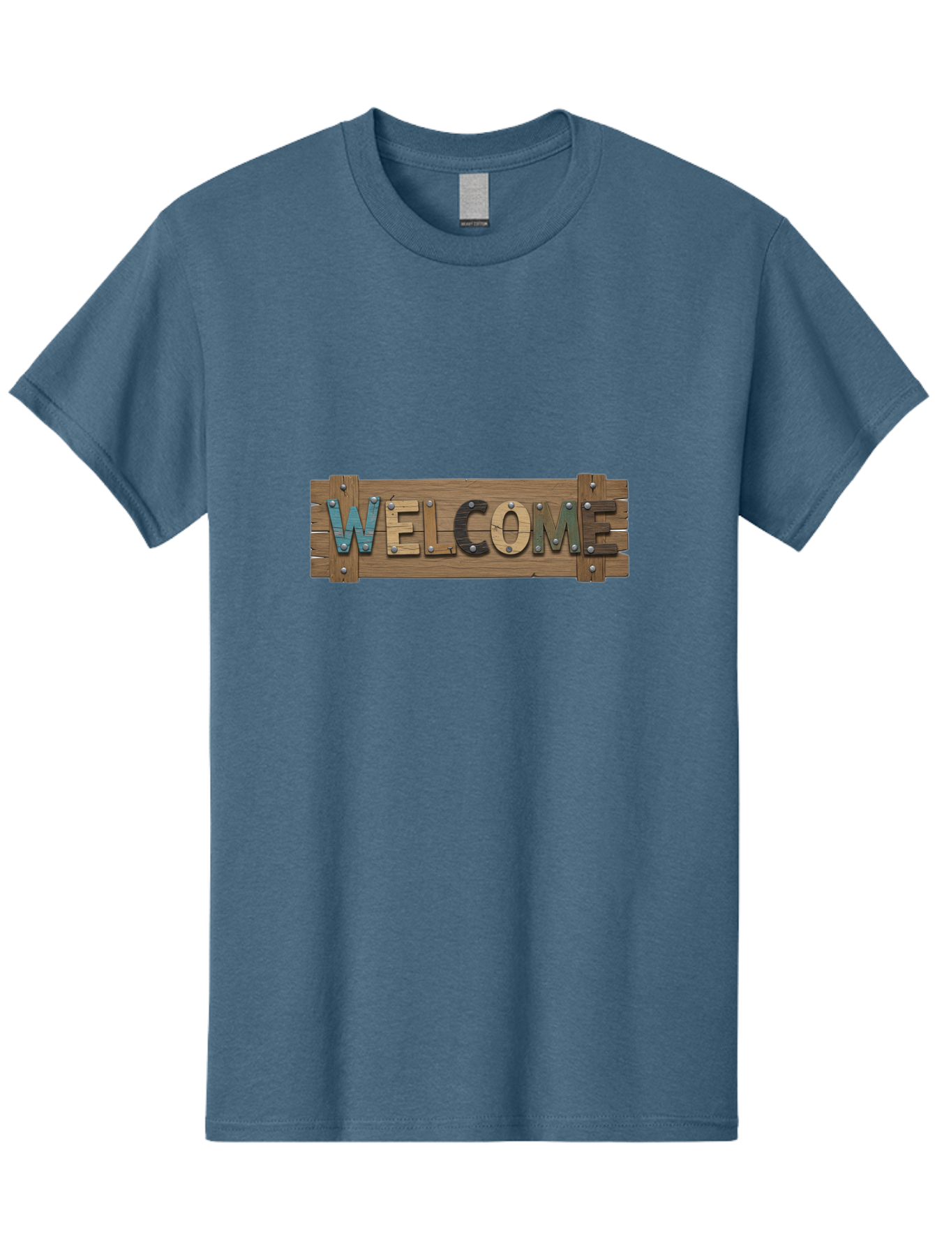 Welcome Men'S Graphic Tee, 100% Cotton, Comfortable Casual Summer Wear, Machine Washable, Wooden Welcome Sign, Rustic Design, Colorful Letters, Metal Rivets, Vintage Feel, Country Charm, Wooden Texture, Greeting Sign Bad910