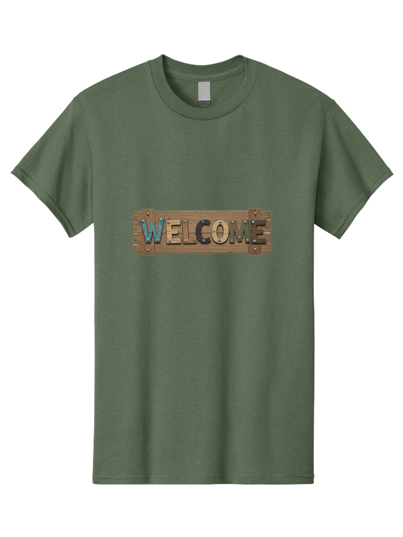 Welcome Men'S Graphic Tee, 100% Cotton, Comfortable Casual Summer Wear, Machine Washable, Wooden Welcome Sign, Rustic Design, Colorful Letters, Metal Rivets, Vintage Feel, Country Charm, Wooden Texture, Greeting Sign Bad910