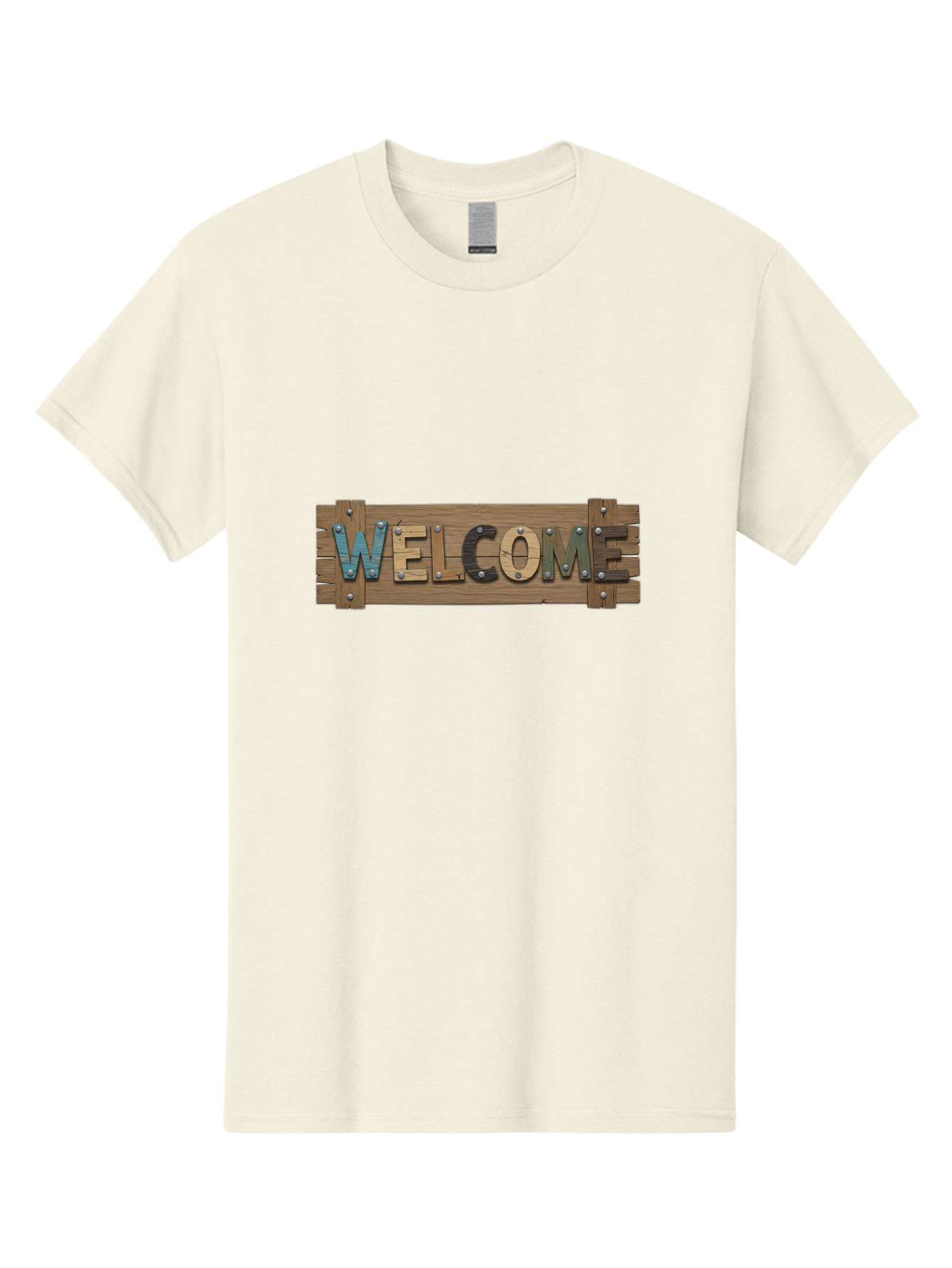 Welcome Men'S Graphic Tee, 100% Cotton, Comfortable Casual Summer Wear, Machine Washable, Wooden Welcome Sign, Rustic Design, Colorful Letters, Metal Rivets, Vintage Feel, Country Charm, Wooden Texture, Greeting Sign Bad910