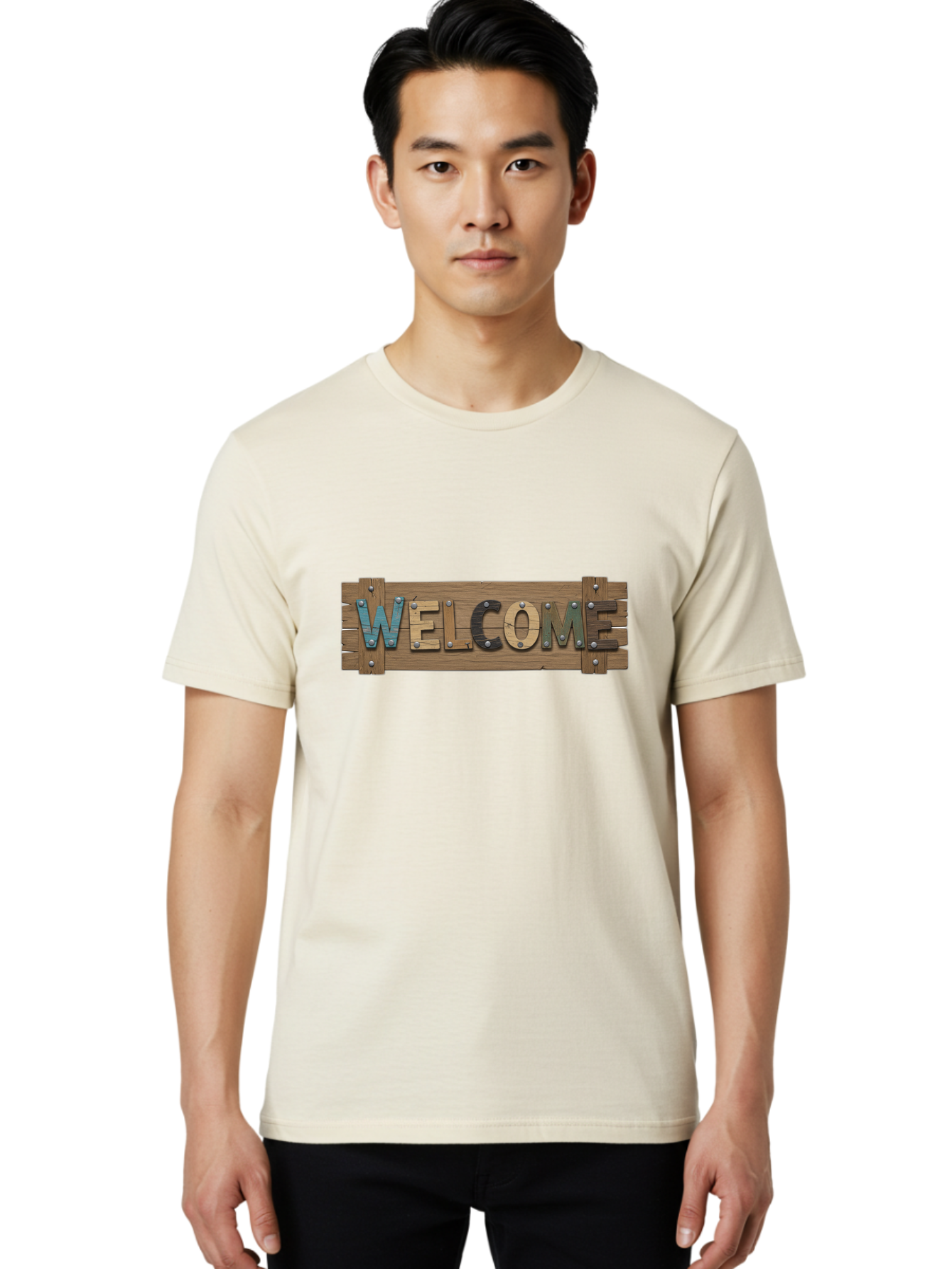 Welcome Men'S Graphic Tee, 100% Cotton, Comfortable Casual Summer Wear, Machine Washable, Wooden Welcome Sign, Rustic Design, Colorful Letters, Metal Rivets, Vintage Feel, Country Charm, Wooden Texture, Greeting Sign Bad910