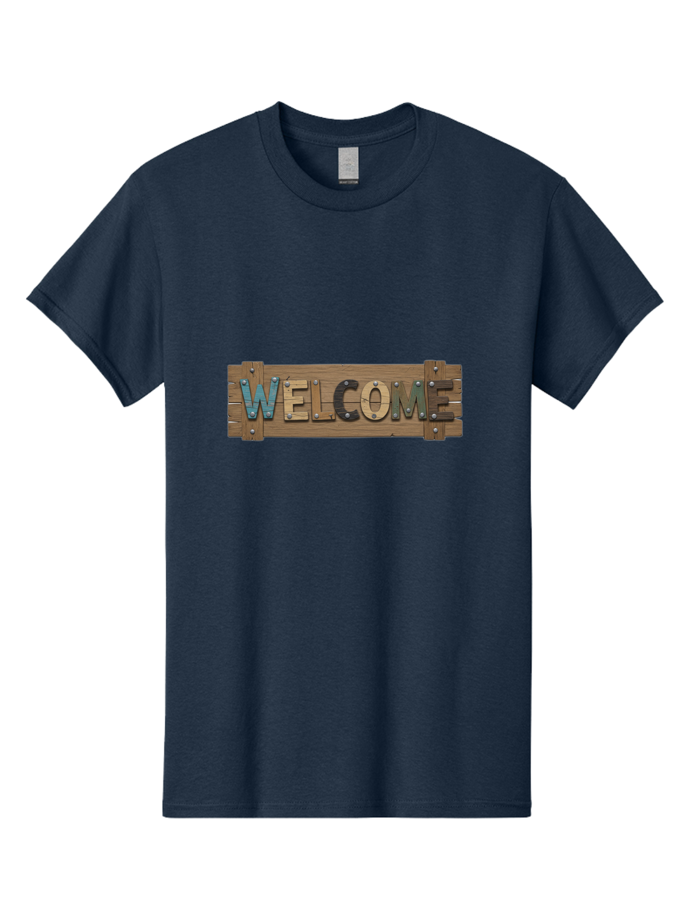 Welcome Men'S Graphic Tee, 100% Cotton, Comfortable Casual Summer Wear, Machine Washable, Wooden Welcome Sign, Rustic Design, Colorful Letters, Metal Rivets, Vintage Feel, Country Charm, Wooden Texture, Greeting Sign Bad910