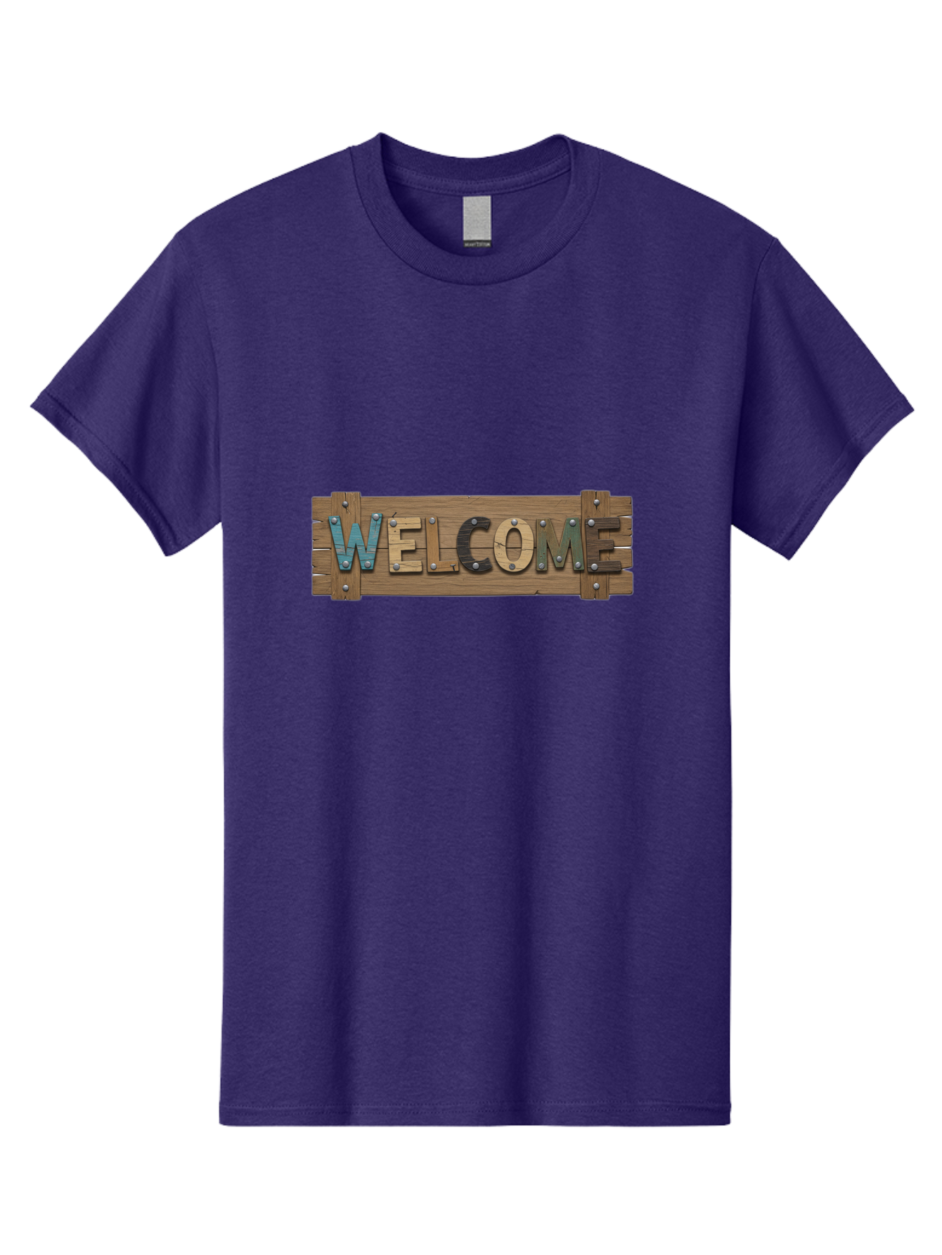 Welcome Men'S Graphic Tee, 100% Cotton, Comfortable Casual Summer Wear, Machine Washable, Wooden Welcome Sign, Rustic Design, Colorful Letters, Metal Rivets, Vintage Feel, Country Charm, Wooden Texture, Greeting Sign Bad910