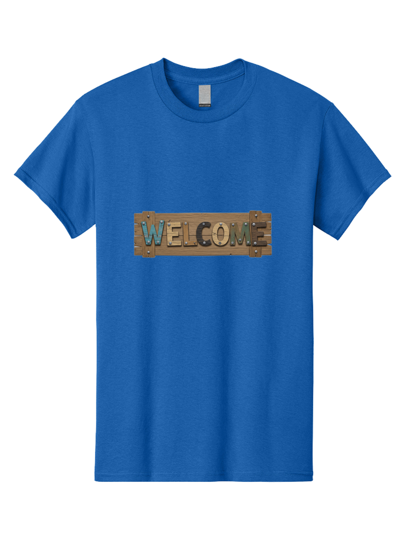 Welcome Men'S Graphic Tee, 100% Cotton, Comfortable Casual Summer Wear, Machine Washable, Wooden Welcome Sign, Rustic Design, Colorful Letters, Metal Rivets, Vintage Feel, Country Charm, Wooden Texture, Greeting Sign Bad910