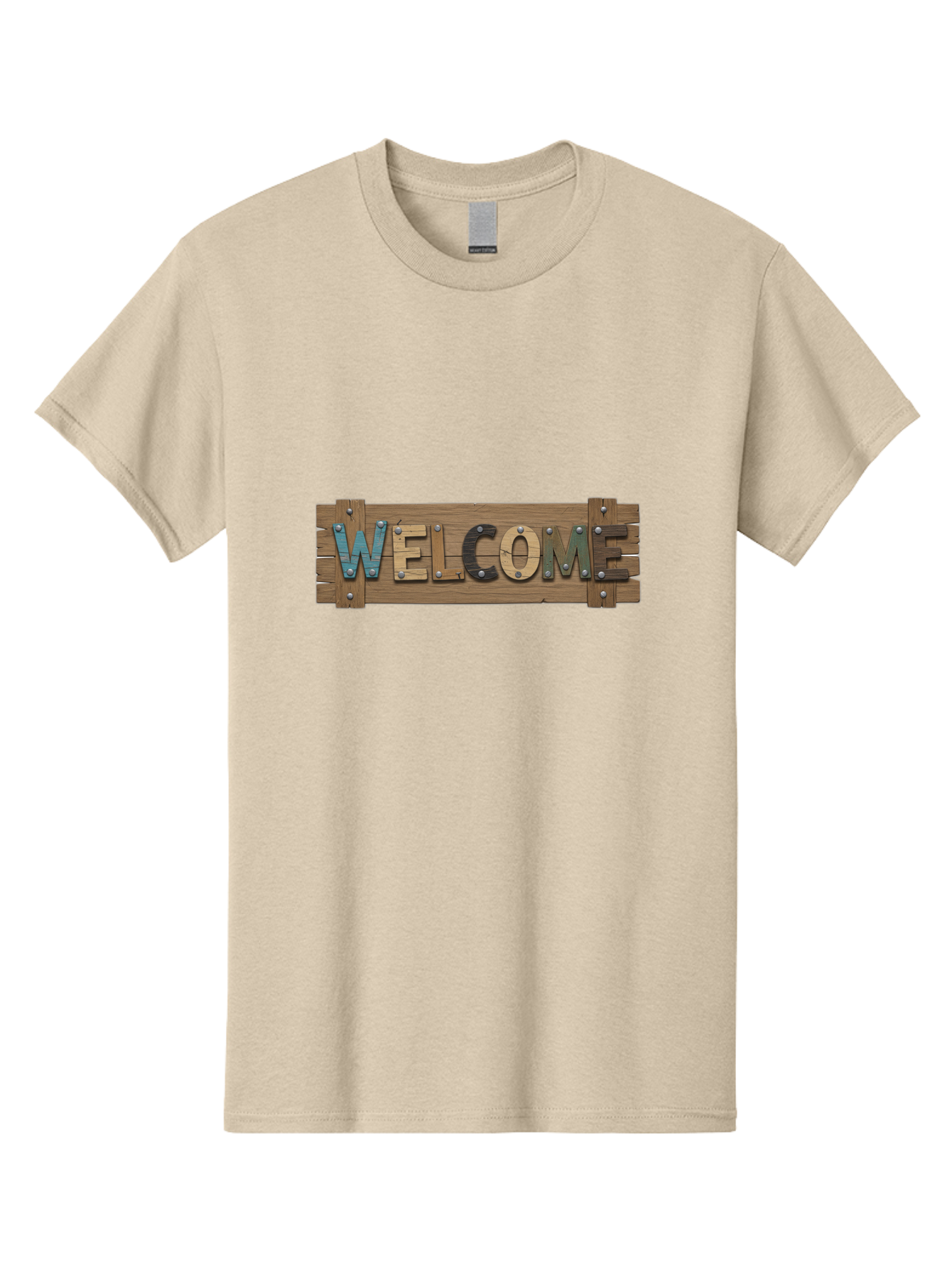 Welcome Men'S Graphic Tee, 100% Cotton, Comfortable Casual Summer Wear, Machine Washable, Wooden Welcome Sign, Rustic Design, Colorful Letters, Metal Rivets, Vintage Feel, Country Charm, Wooden Texture, Greeting Sign Bad910