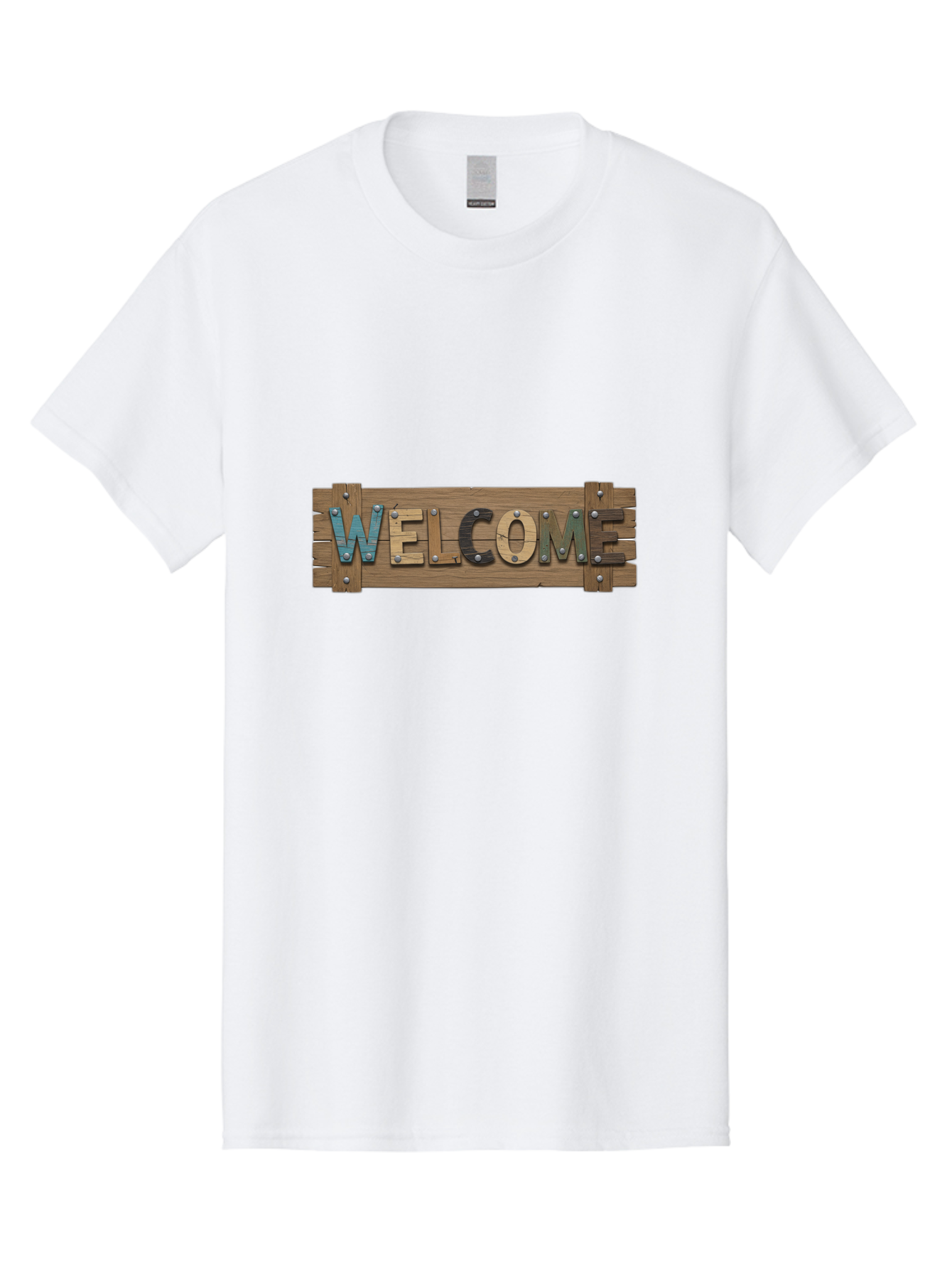 Welcome Men'S Graphic Tee, 100% Cotton, Comfortable Casual Summer Wear, Machine Washable, Wooden Welcome Sign, Rustic Design, Colorful Letters, Metal Rivets, Vintage Feel, Country Charm, Wooden Texture, Greeting Sign Bad910