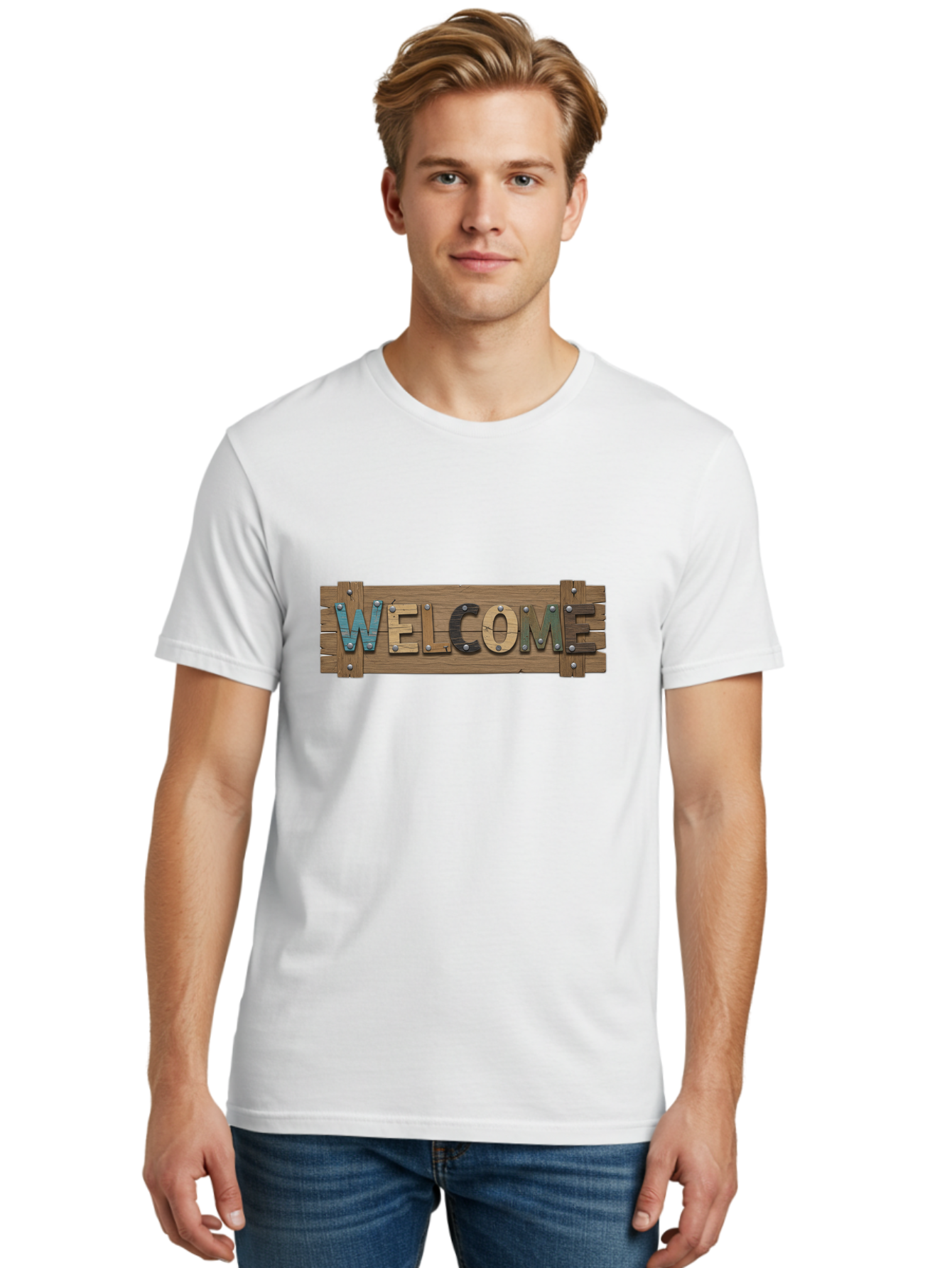 Welcome Men'S Graphic Tee, 100% Cotton, Comfortable Casual Summer Wear, Machine Washable, Wooden Welcome Sign, Rustic Design, Colorful Letters, Metal Rivets, Vintage Feel, Country Charm, Wooden Texture, Greeting Sign Bad910