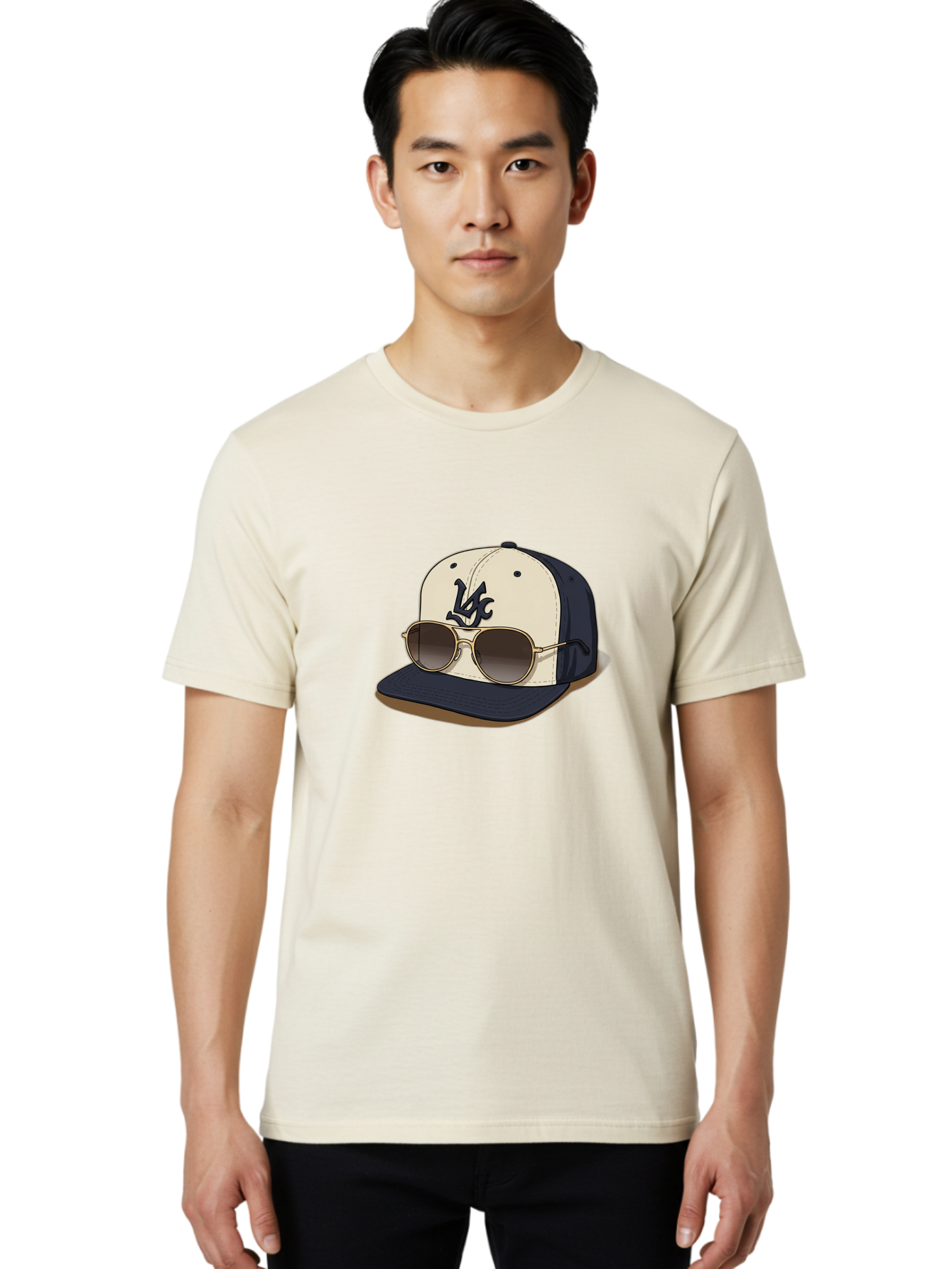 Wfc-Baseball-Cap Men'S Graphic Tee, 100% Cotton, Comfortable Casual Summer Wear, Machine Washable, Baseball Cap, Sunglasses, Gold Frames, Dark Lenses, Navy Blue, White Cap, Vc Logo, Stylish Accessories, Trendy Fashion, Casual Wear Bad911