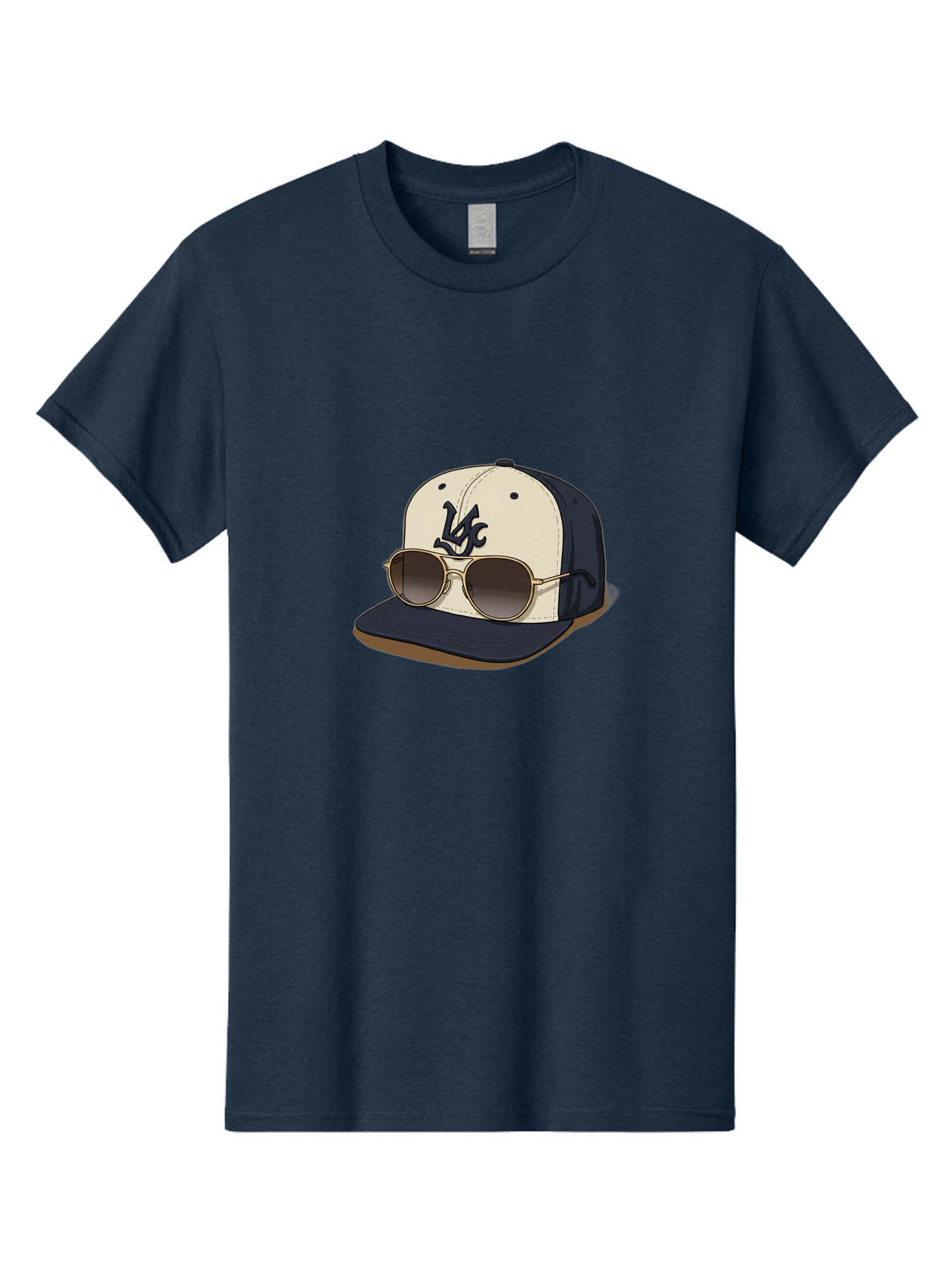 Wfc-Baseball-Cap Men'S Graphic Tee, 100% Cotton, Comfortable Casual Summer Wear, Machine Washable, Baseball Cap, Sunglasses, Gold Frames, Dark Lenses, Navy Blue, White Cap, Vc Logo, Stylish Accessories, Trendy Fashion, Casual Wear Bad911