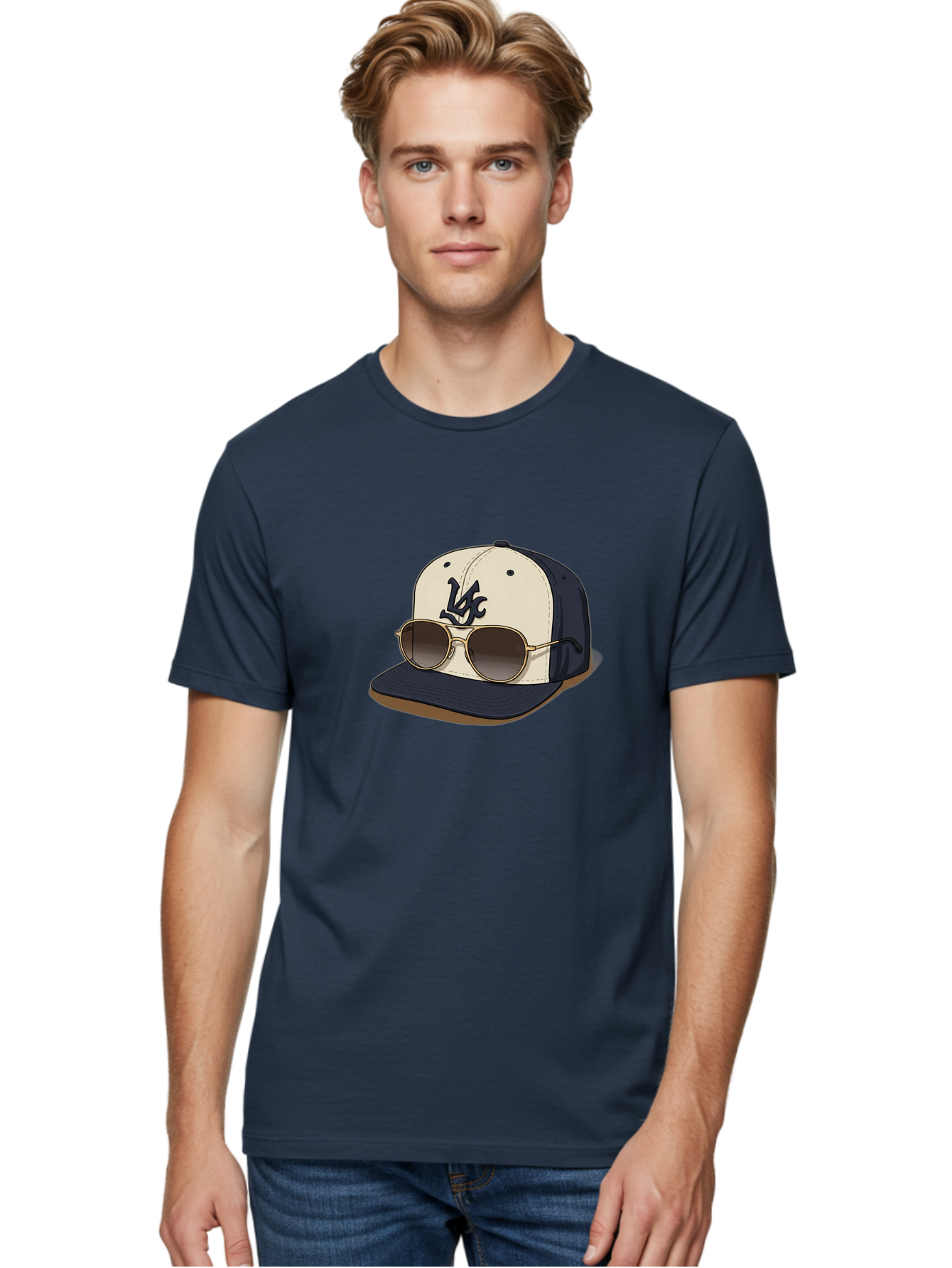 Wfc-Baseball-Cap Men'S Graphic Tee, 100% Cotton, Comfortable Casual Summer Wear, Machine Washable, Baseball Cap, Sunglasses, Gold Frames, Dark Lenses, Navy Blue, White Cap, Vc Logo, Stylish Accessories, Trendy Fashion, Casual Wear Bad911