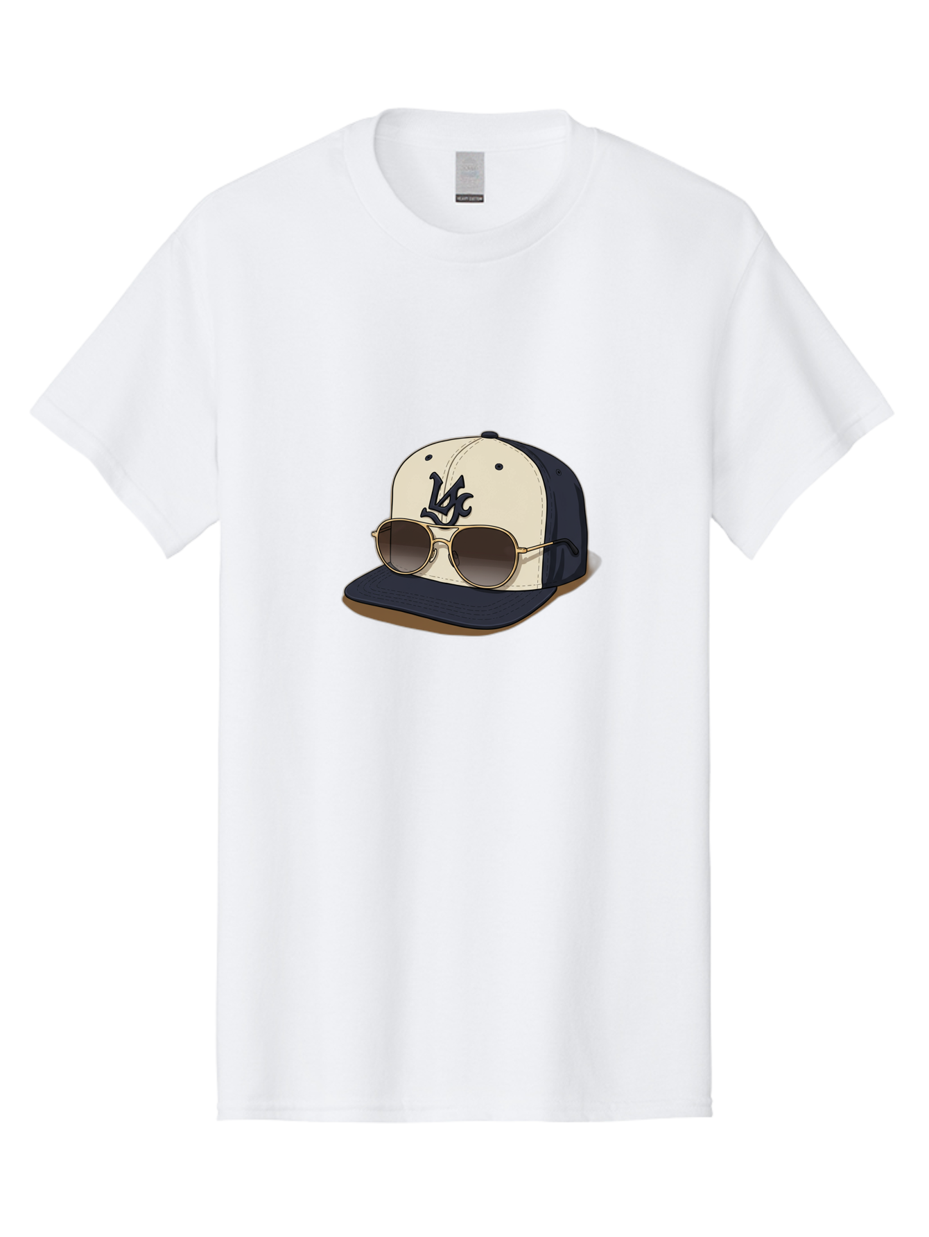 Wfc-Baseball-Cap Men'S Graphic Tee, 100% Cotton, Comfortable Casual Summer Wear, Machine Washable, Baseball Cap, Sunglasses, Gold Frames, Dark Lenses, Navy Blue, White Cap, Vc Logo, Stylish Accessories, Trendy Fashion, Casual Wear Bad911