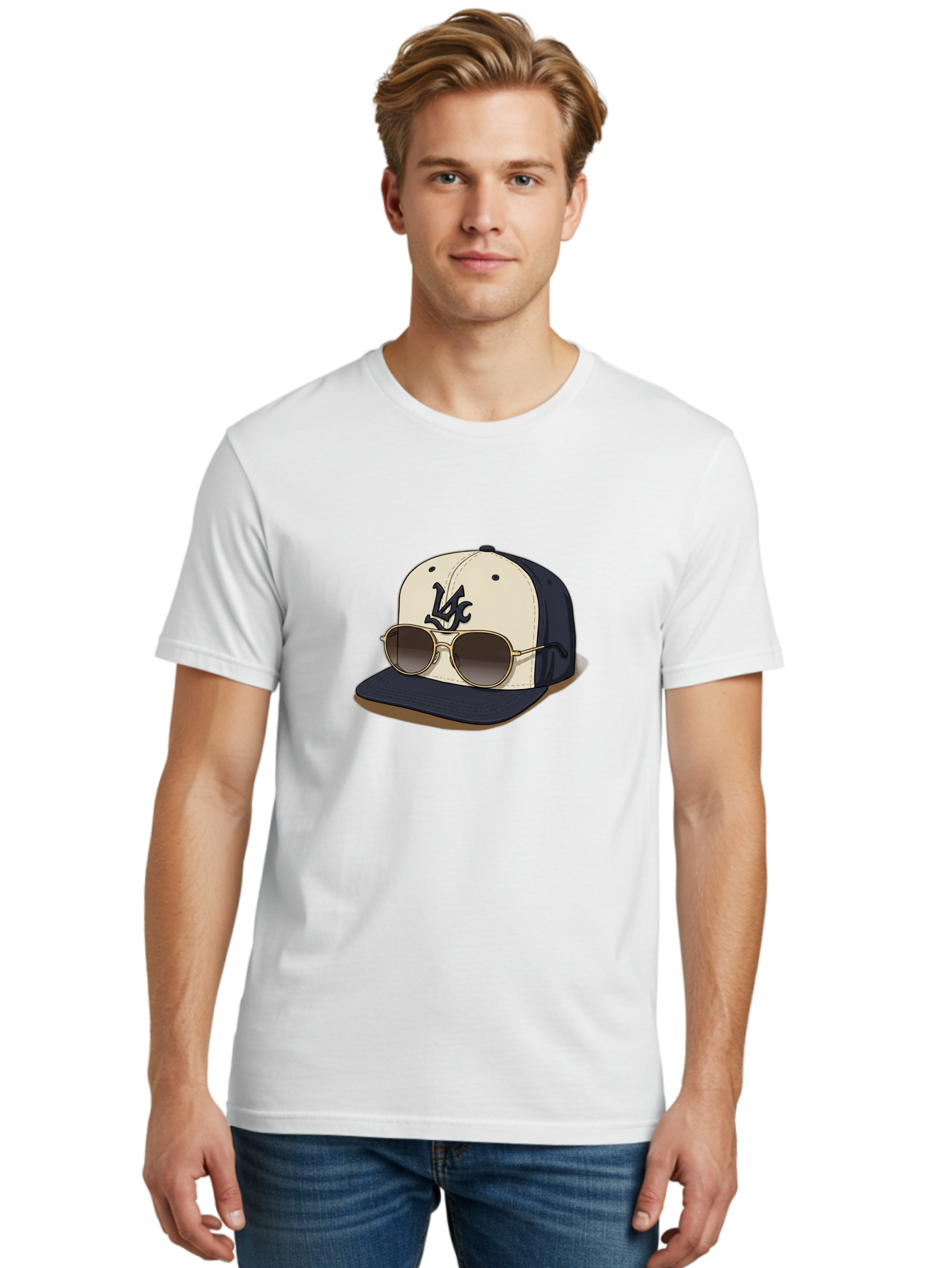 Wfc-Baseball-Cap Men'S Graphic Tee, 100% Cotton, Comfortable Casual Summer Wear, Machine Washable, Baseball Cap, Sunglasses, Gold Frames, Dark Lenses, Navy Blue, White Cap, Vc Logo, Stylish Accessories, Trendy Fashion, Casual Wear Bad911