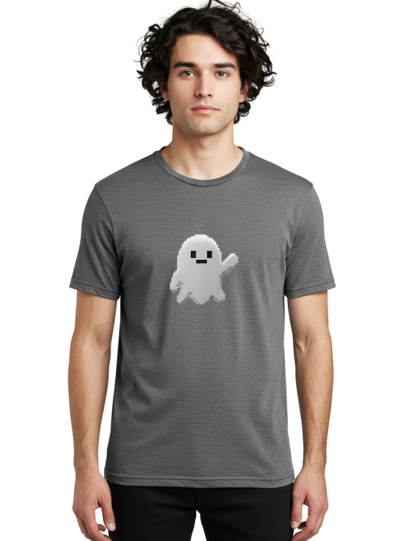 White-Ghost Men'S Graphic Tee, 100% Cotton, Comfortable Casual Summer Wear, Machine Washable, White Ghost Pixel Art, Friendly Ghost, Cute Character, Cartoon Style, Retro Video Game, Pixelated Graphics, Adorable Creature, Waving Ghost Bad914