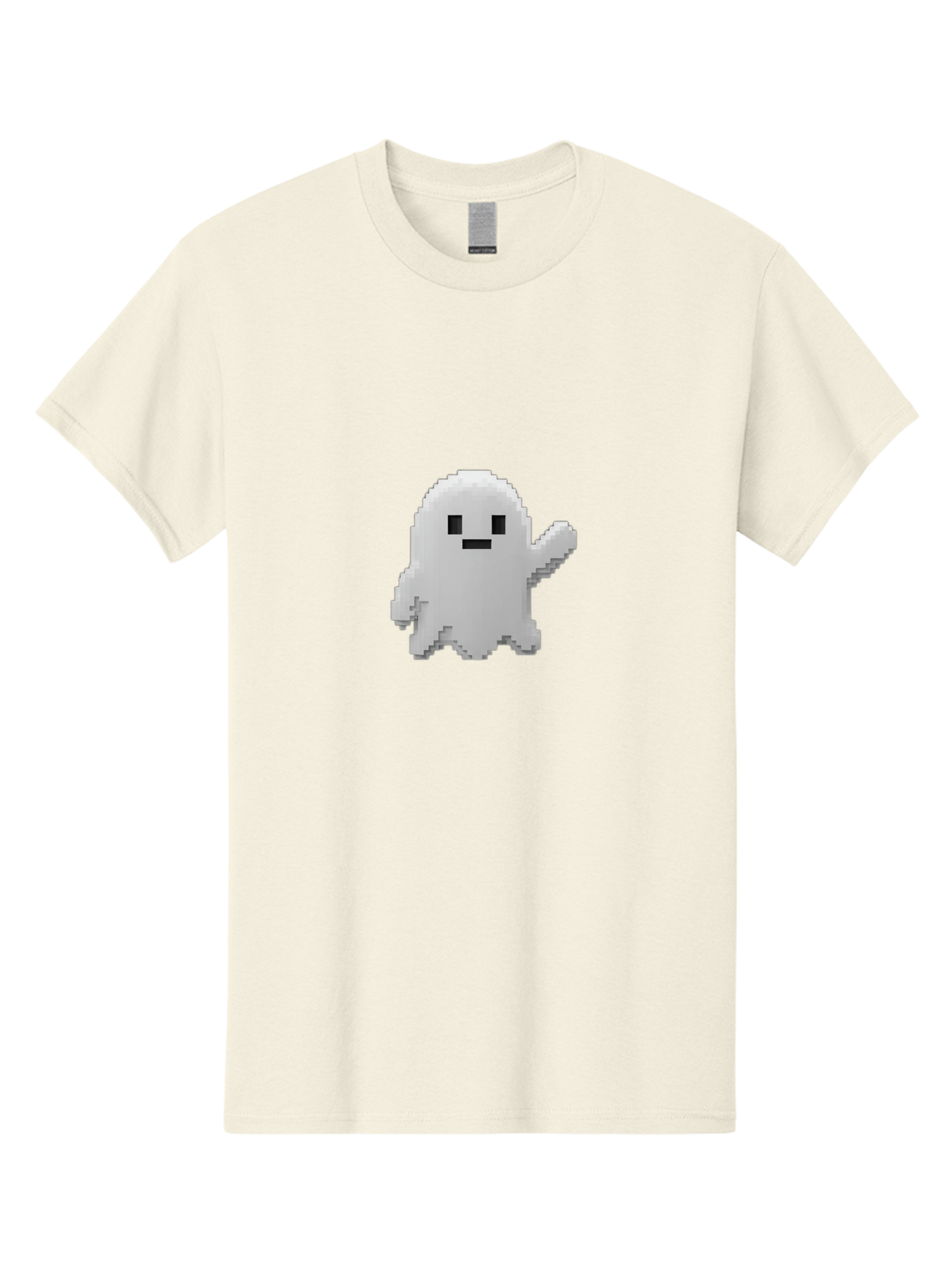 White-Ghost Men'S Graphic Tee, 100% Cotton, Comfortable Casual Summer Wear, Machine Washable, White Ghost Pixel Art, Friendly Ghost, Cute Character, Cartoon Style, Retro Video Game, Pixelated Graphics, Adorable Creature, Waving Ghost Bad914