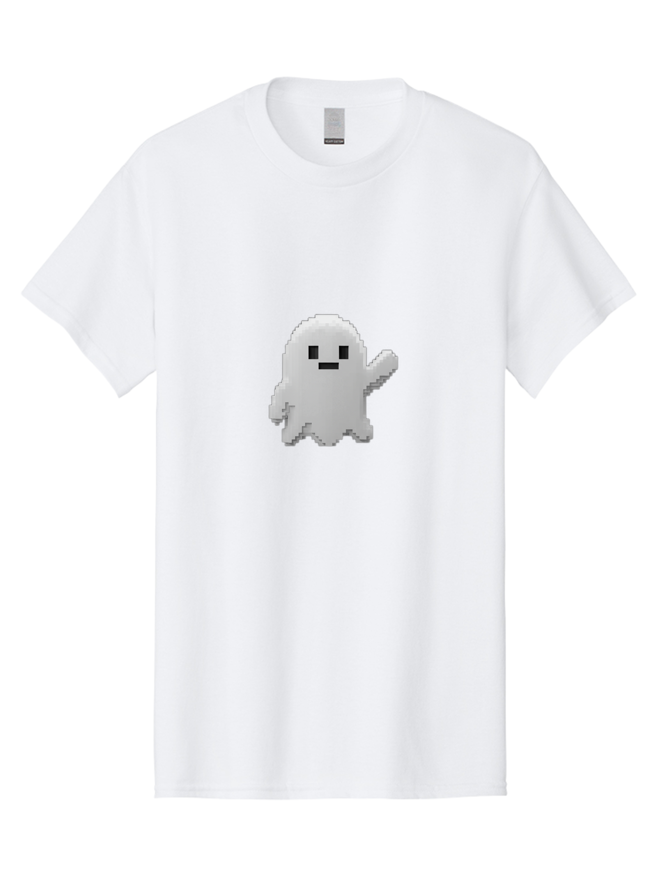White-Ghost Men'S Graphic Tee, 100% Cotton, Comfortable Casual Summer Wear, Machine Washable, White Ghost Pixel Art, Friendly Ghost, Cute Character, Cartoon Style, Retro Video Game, Pixelated Graphics, Adorable Creature, Waving Ghost Bad914