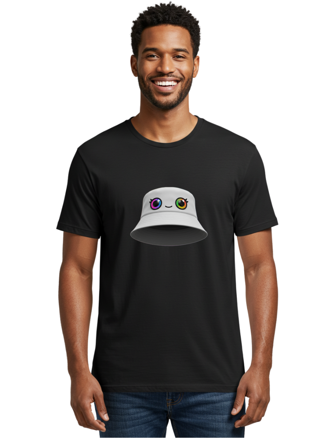 White-Hat-With-Eyes Men'S Graphic Tee, 100% Cotton, Comfortable Casual Summer Wear, Machine Washable, Bucket Hat, Cartoon Eyes, Rainbow Colors, Kawaii Fashion, Colorful Accessories, Streetwear, Hat Design, Smiley Face Bad915