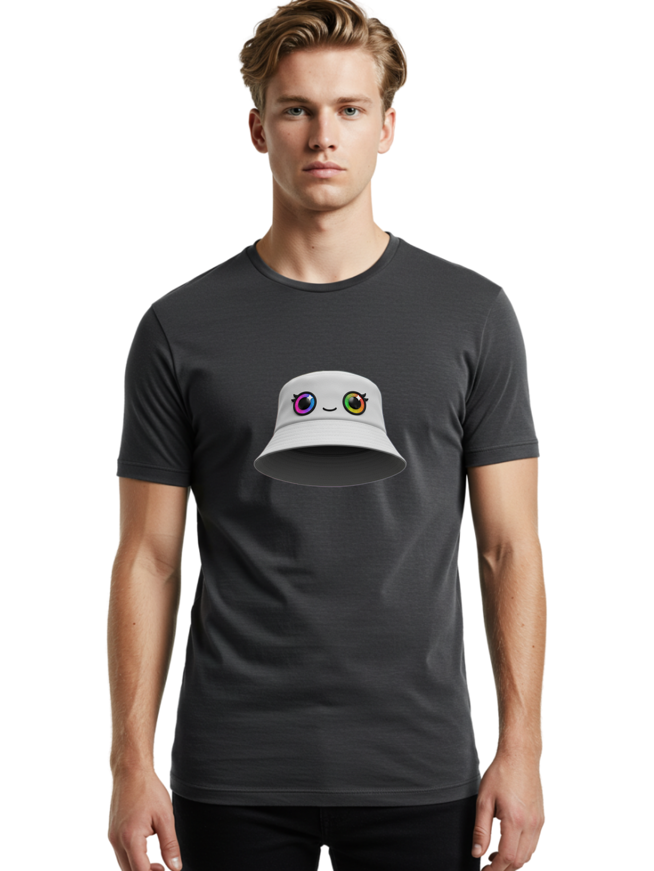 White-Hat-With-Eyes Men'S Graphic Tee, 100% Cotton, Comfortable Casual Summer Wear, Machine Washable, Bucket Hat, Cartoon Eyes, Rainbow Colors, Kawaii Fashion, Colorful Accessories, Streetwear, Hat Design, Smiley Face Bad915