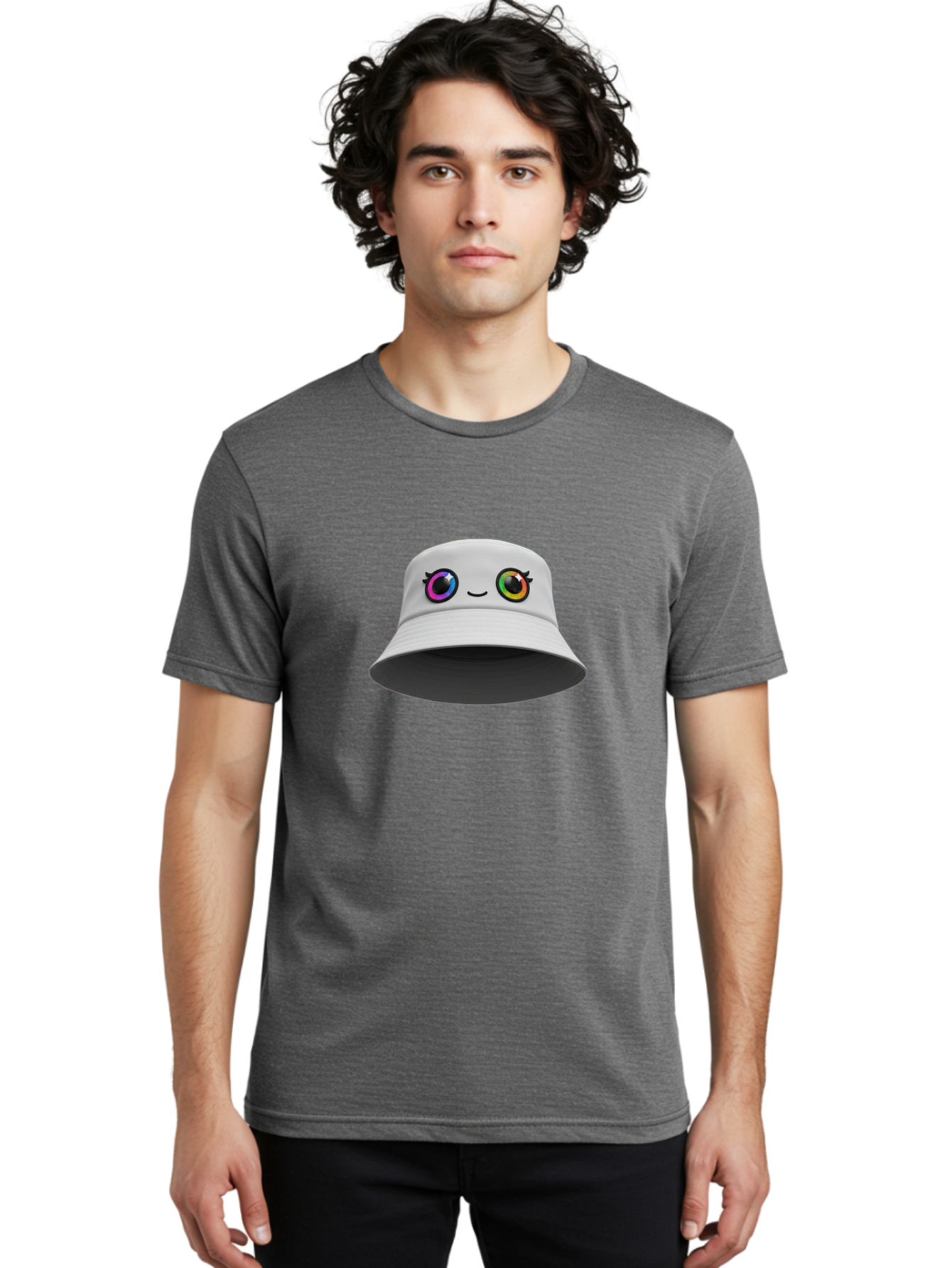 White-Hat-With-Eyes Men'S Graphic Tee, 100% Cotton, Comfortable Casual Summer Wear, Machine Washable, Bucket Hat, Cartoon Eyes, Rainbow Colors, Kawaii Fashion, Colorful Accessories, Streetwear, Hat Design, Smiley Face Bad915
