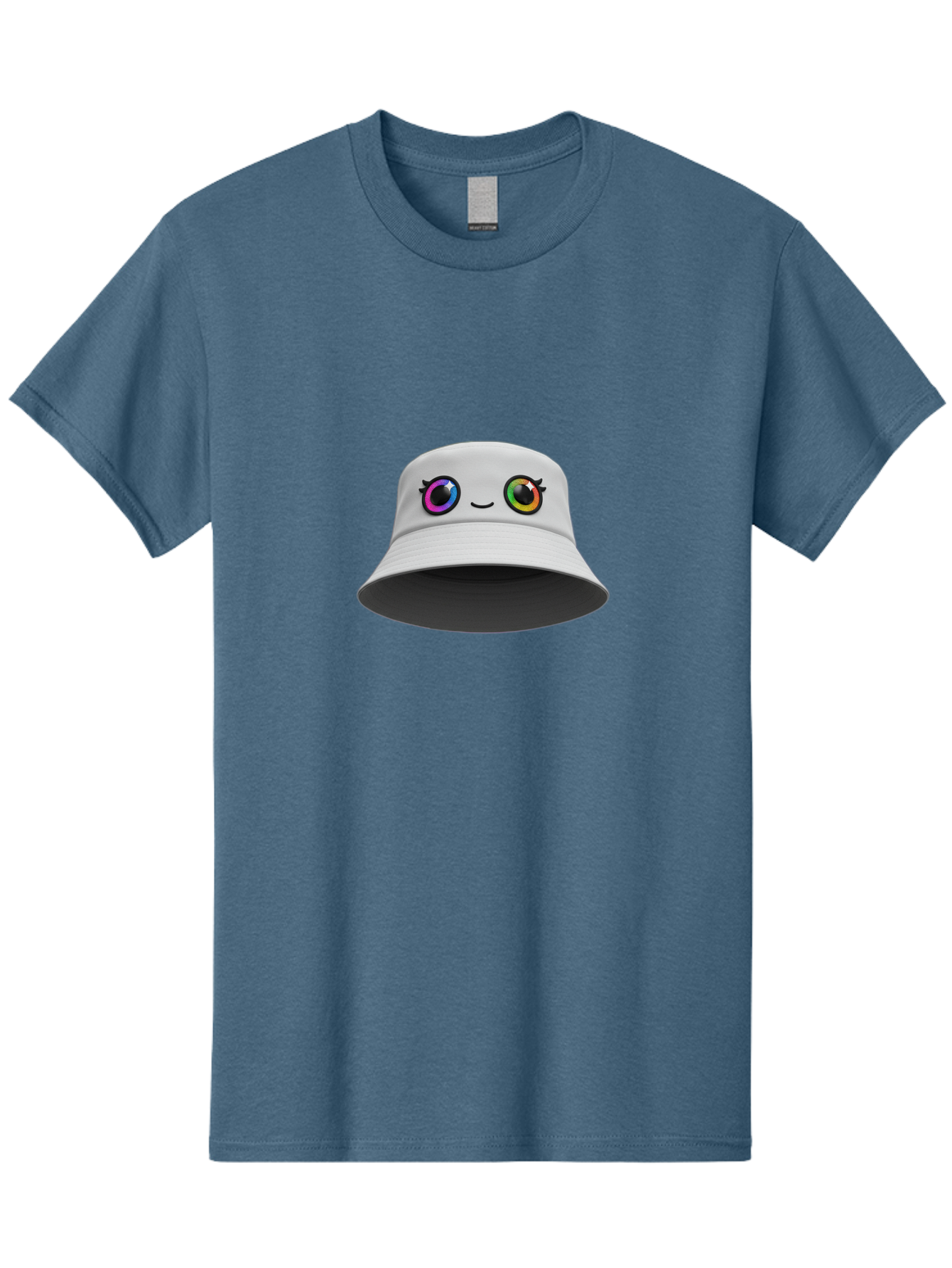 White-Hat-With-Eyes Men'S Graphic Tee, 100% Cotton, Comfortable Casual Summer Wear, Machine Washable, Bucket Hat, Cartoon Eyes, Rainbow Colors, Kawaii Fashion, Colorful Accessories, Streetwear, Hat Design, Smiley Face Bad915