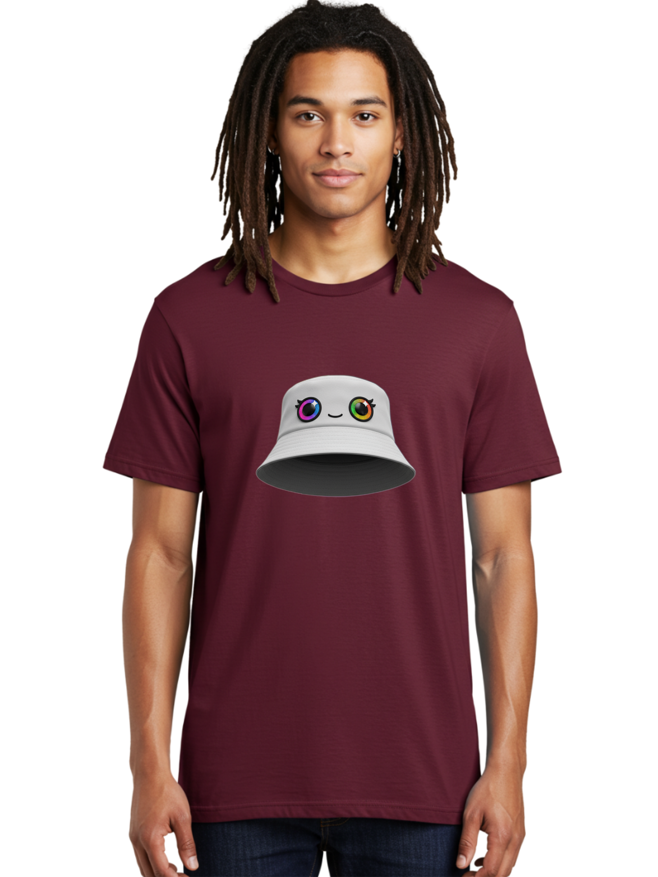 White-Hat-With-Eyes Men'S Graphic Tee, 100% Cotton, Comfortable Casual Summer Wear, Machine Washable, Bucket Hat, Cartoon Eyes, Rainbow Colors, Kawaii Fashion, Colorful Accessories, Streetwear, Hat Design, Smiley Face Bad915