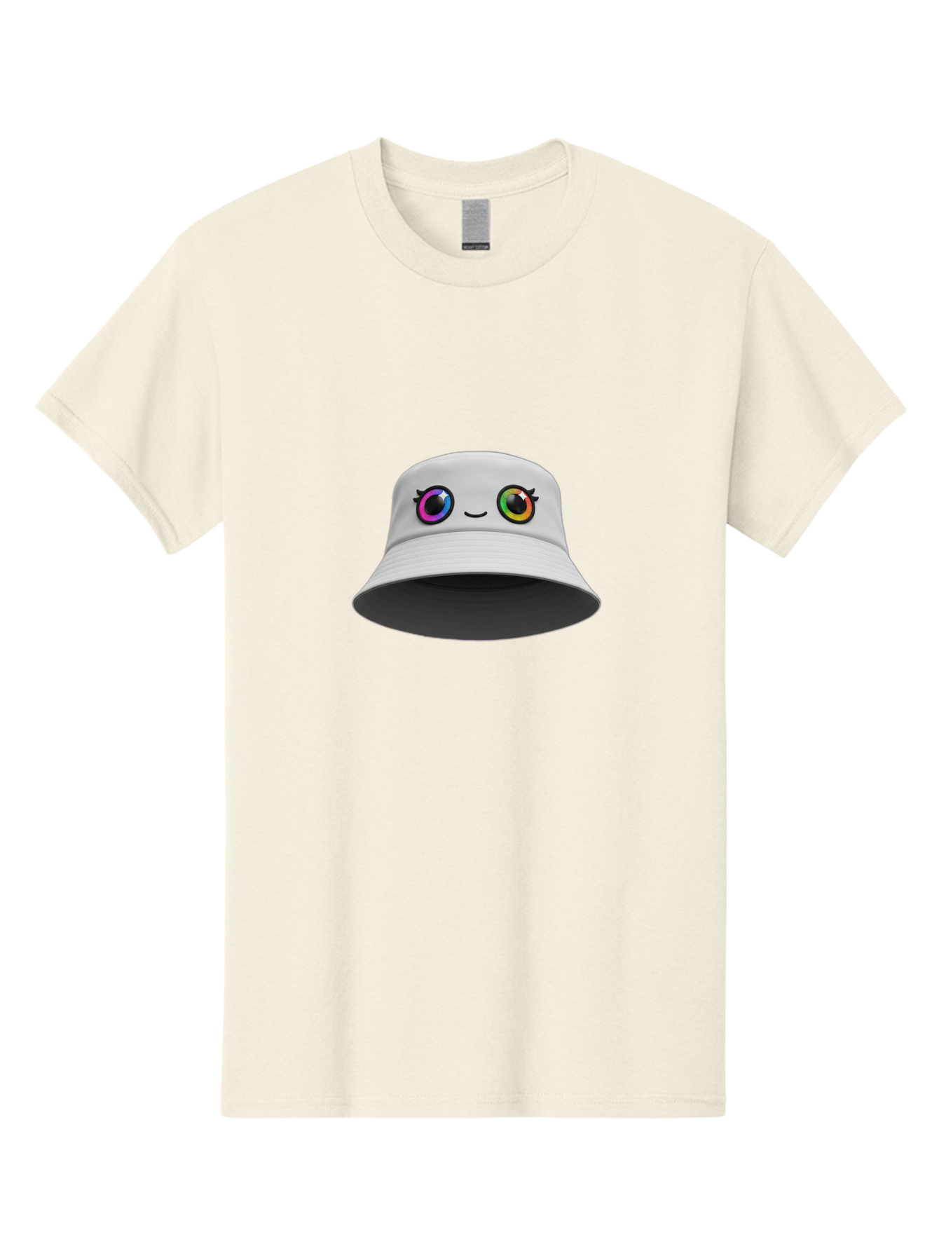 White-Hat-With-Eyes Men'S Graphic Tee, 100% Cotton, Comfortable Casual Summer Wear, Machine Washable, Bucket Hat, Cartoon Eyes, Rainbow Colors, Kawaii Fashion, Colorful Accessories, Streetwear, Hat Design, Smiley Face Bad915