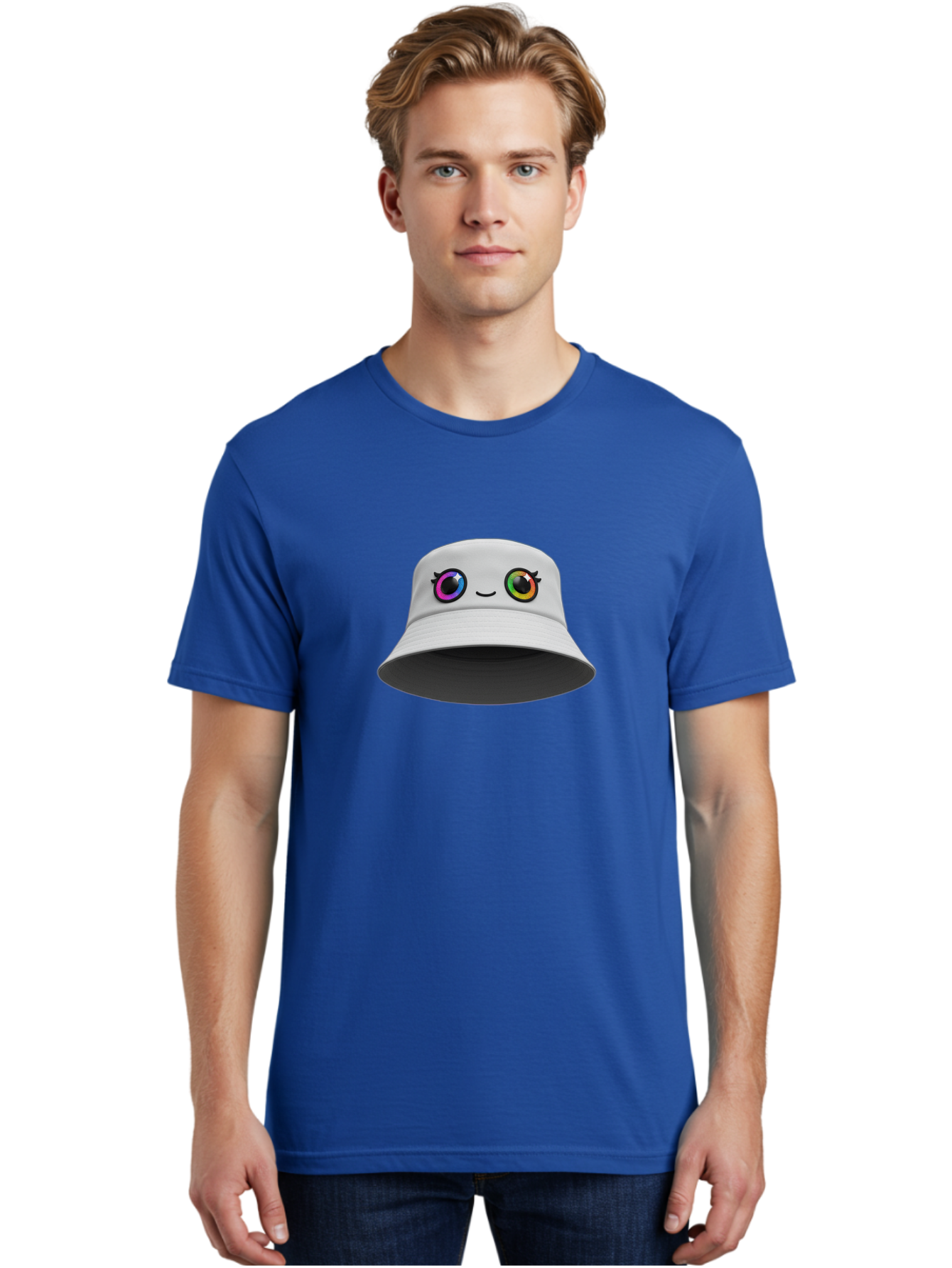 White-Hat-With-Eyes Men'S Graphic Tee, 100% Cotton, Comfortable Casual Summer Wear, Machine Washable, Bucket Hat, Cartoon Eyes, Rainbow Colors, Kawaii Fashion, Colorful Accessories, Streetwear, Hat Design, Smiley Face Bad915