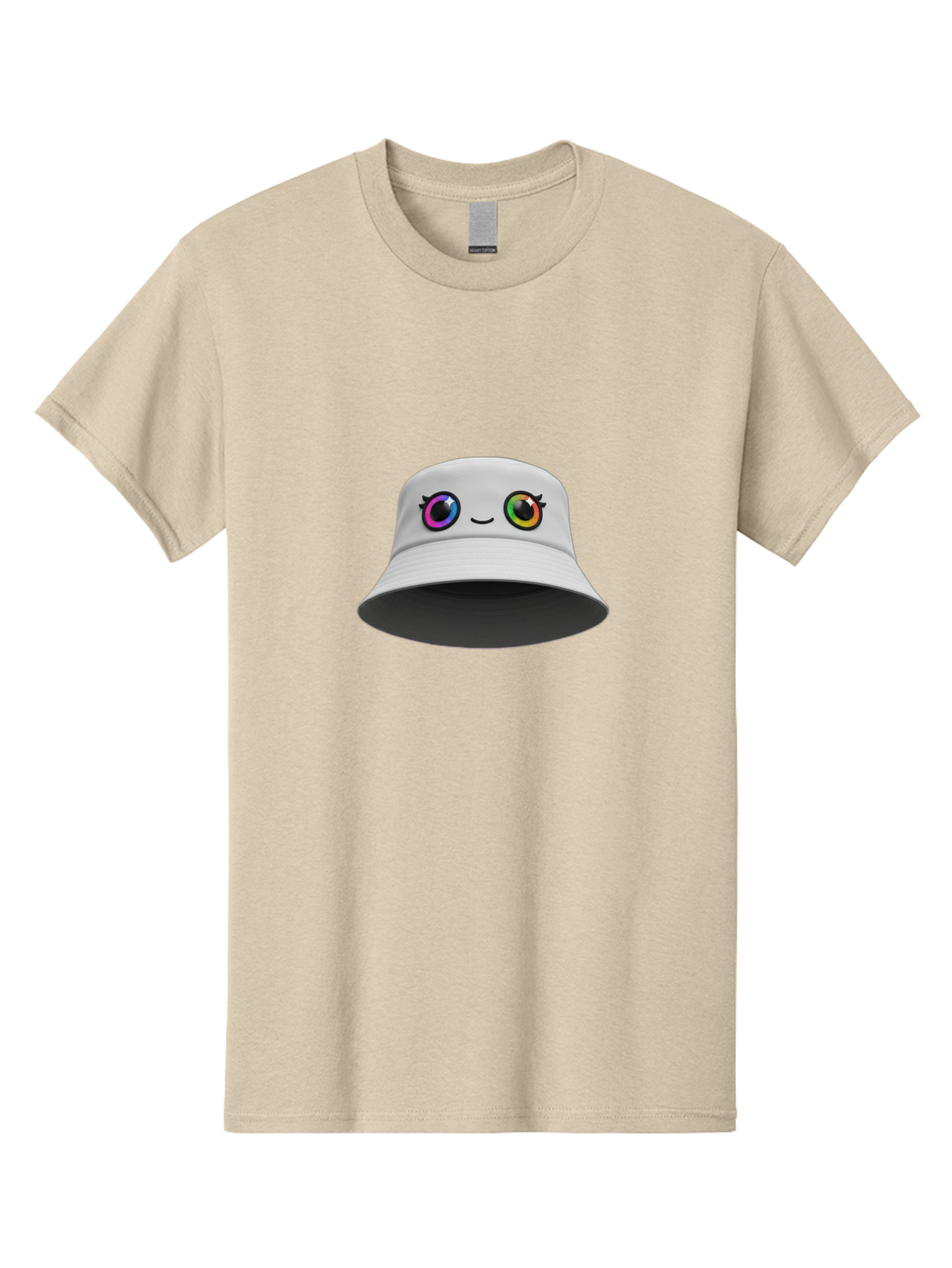 White-Hat-With-Eyes Men'S Graphic Tee, 100% Cotton, Comfortable Casual Summer Wear, Machine Washable, Bucket Hat, Cartoon Eyes, Rainbow Colors, Kawaii Fashion, Colorful Accessories, Streetwear, Hat Design, Smiley Face Bad915
