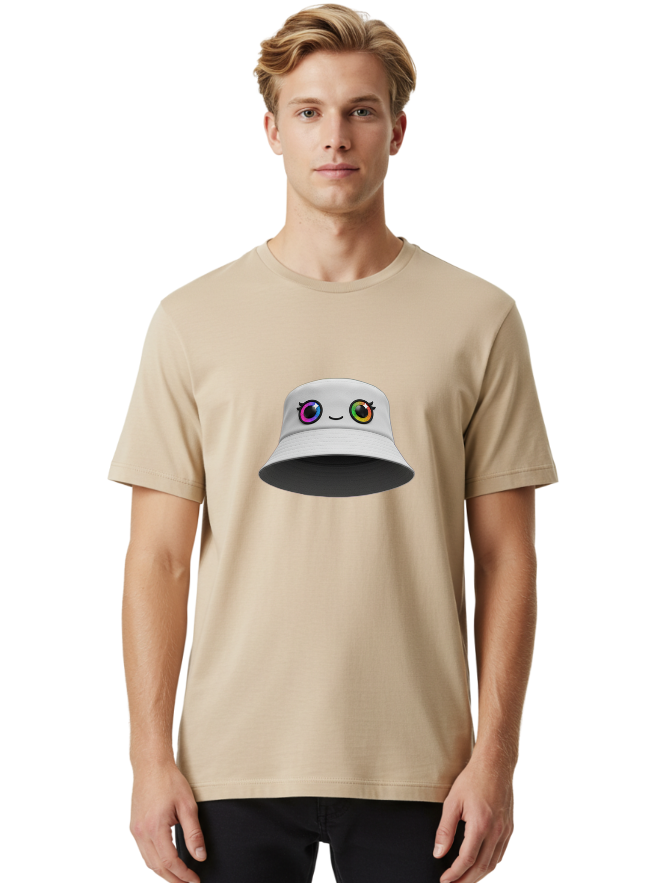 White-Hat-With-Eyes Men'S Graphic Tee, 100% Cotton, Comfortable Casual Summer Wear, Machine Washable, Bucket Hat, Cartoon Eyes, Rainbow Colors, Kawaii Fashion, Colorful Accessories, Streetwear, Hat Design, Smiley Face Bad915