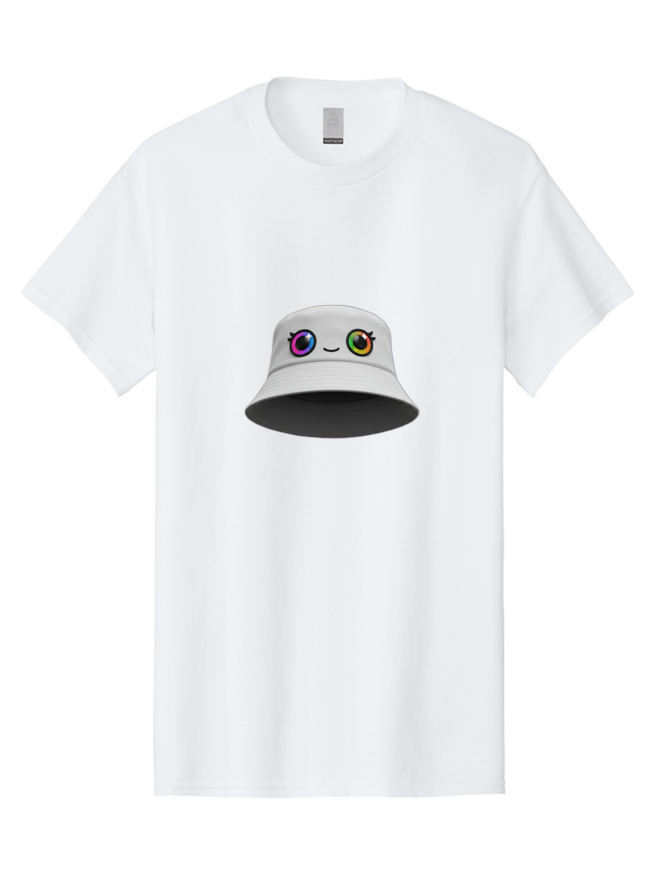 White-Hat-With-Eyes Men'S Graphic Tee, 100% Cotton, Comfortable Casual Summer Wear, Machine Washable, Bucket Hat, Cartoon Eyes, Rainbow Colors, Kawaii Fashion, Colorful Accessories, Streetwear, Hat Design, Smiley Face Bad915