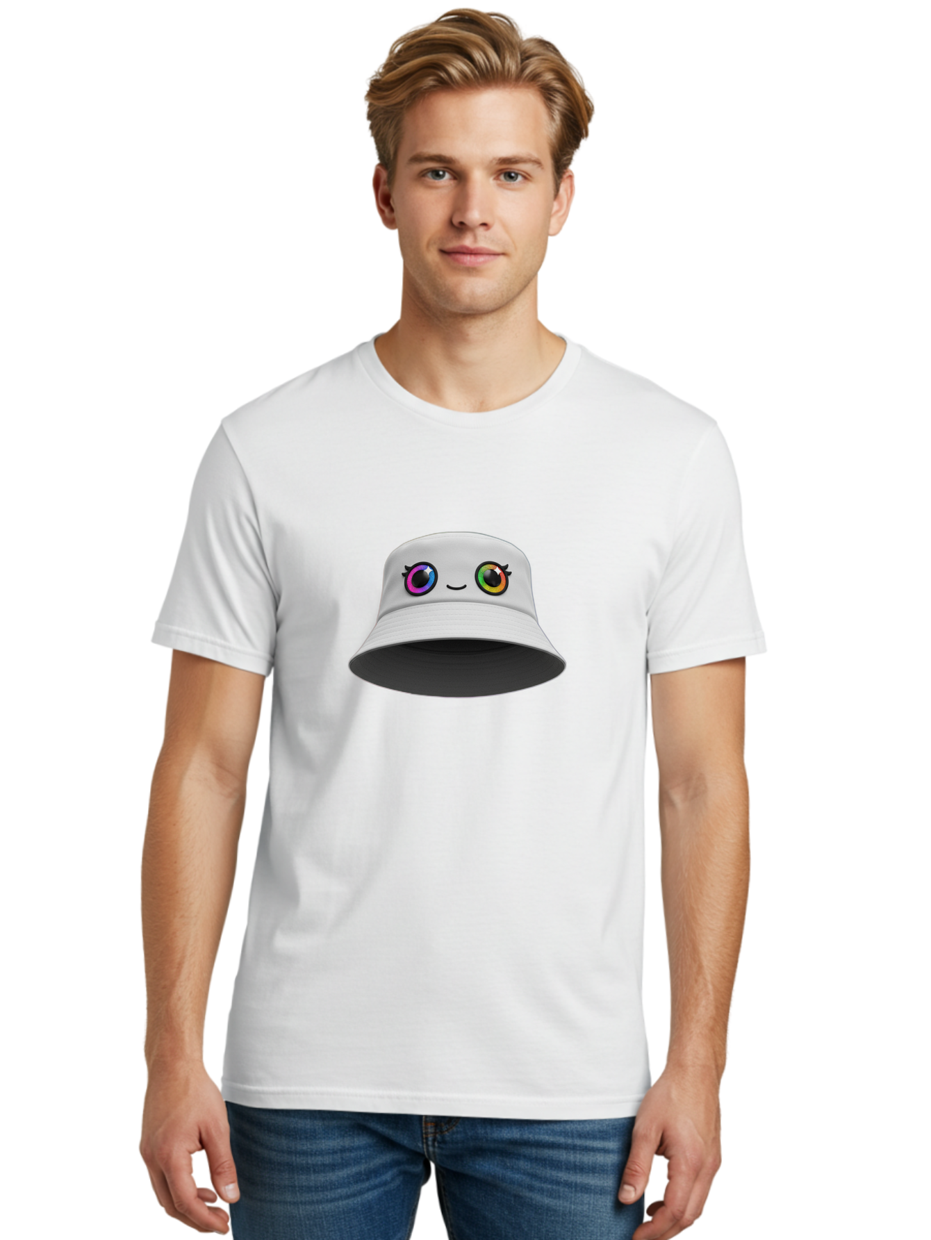 White-Hat-With-Eyes Men'S Graphic Tee, 100% Cotton, Comfortable Casual Summer Wear, Machine Washable, Bucket Hat, Cartoon Eyes, Rainbow Colors, Kawaii Fashion, Colorful Accessories, Streetwear, Hat Design, Smiley Face Bad915