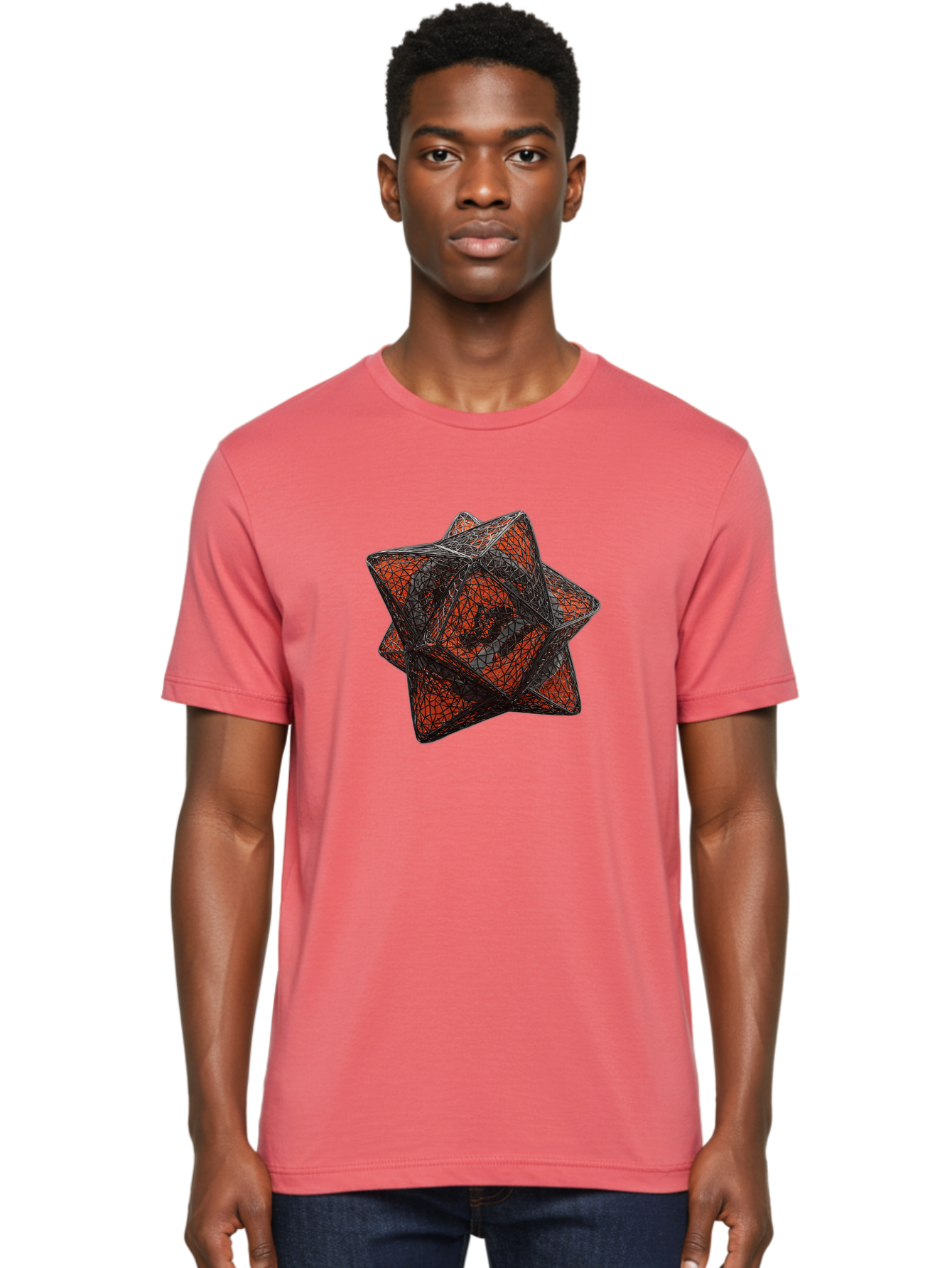 Wireframe-Star Men'S Graphic Tee, 100% Cotton, Comfortable Casual Summer Wear, Machine Washable, Geometric Star Shape, Complex 3D Structure, Red And Black Geometric Pattern, Intricate Angular Design, Polygon Mesh Art Bad917