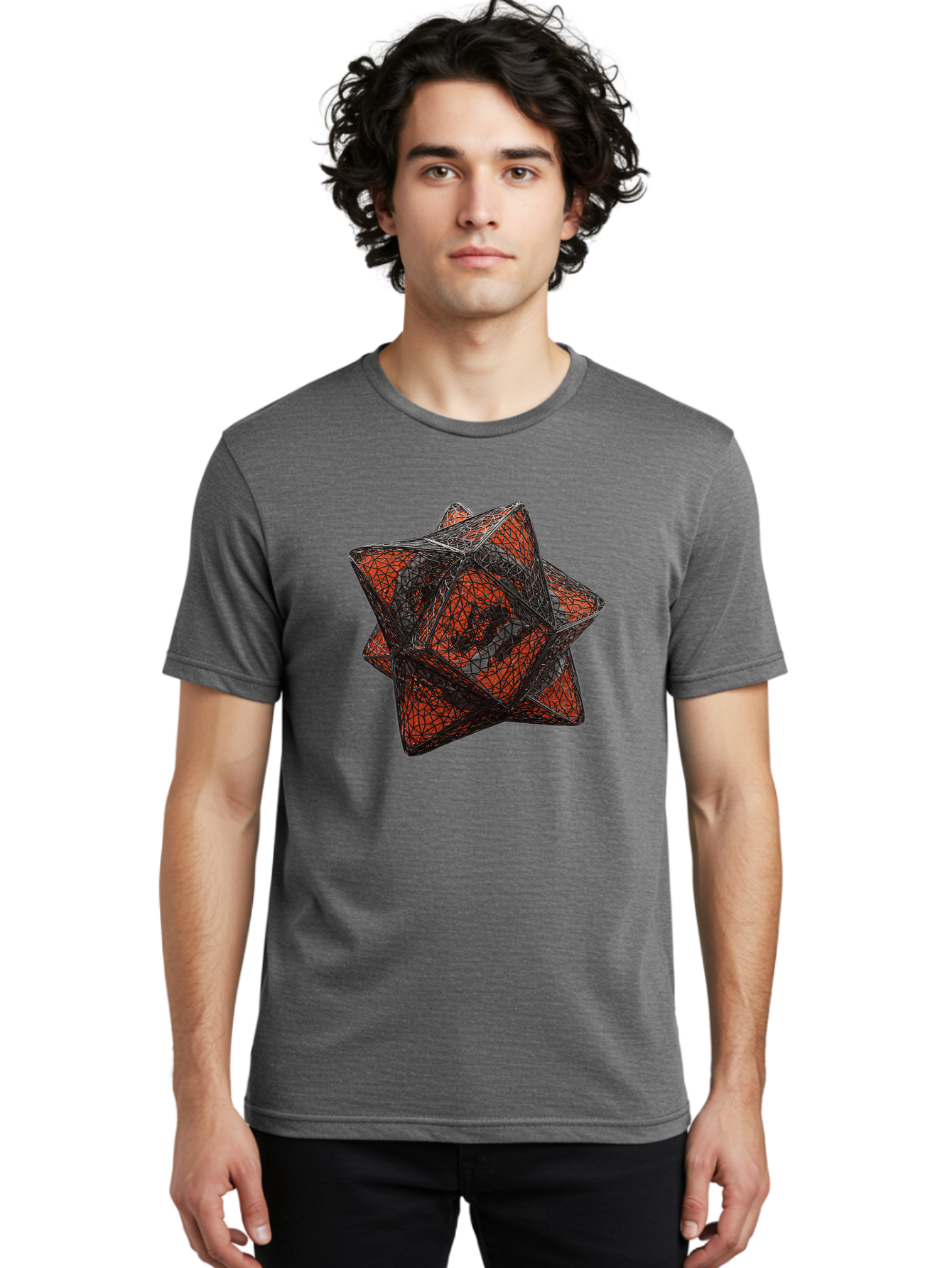 Wireframe-Star Men'S Graphic Tee, 100% Cotton, Comfortable Casual Summer Wear, Machine Washable, Geometric Star Shape, Complex 3D Structure, Red And Black Geometric Pattern, Intricate Angular Design, Polygon Mesh Art Bad917