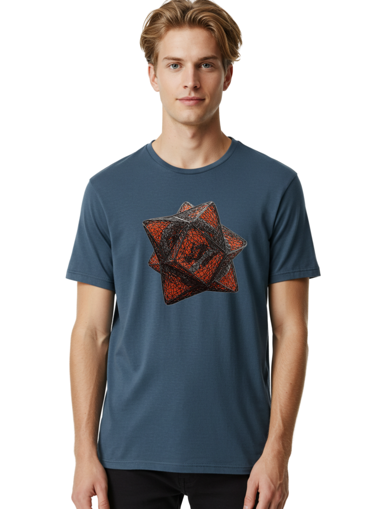 Wireframe-Star Men'S Graphic Tee, 100% Cotton, Comfortable Casual Summer Wear, Machine Washable, Geometric Star Shape, Complex 3D Structure, Red And Black Geometric Pattern, Intricate Angular Design, Polygon Mesh Art Bad917