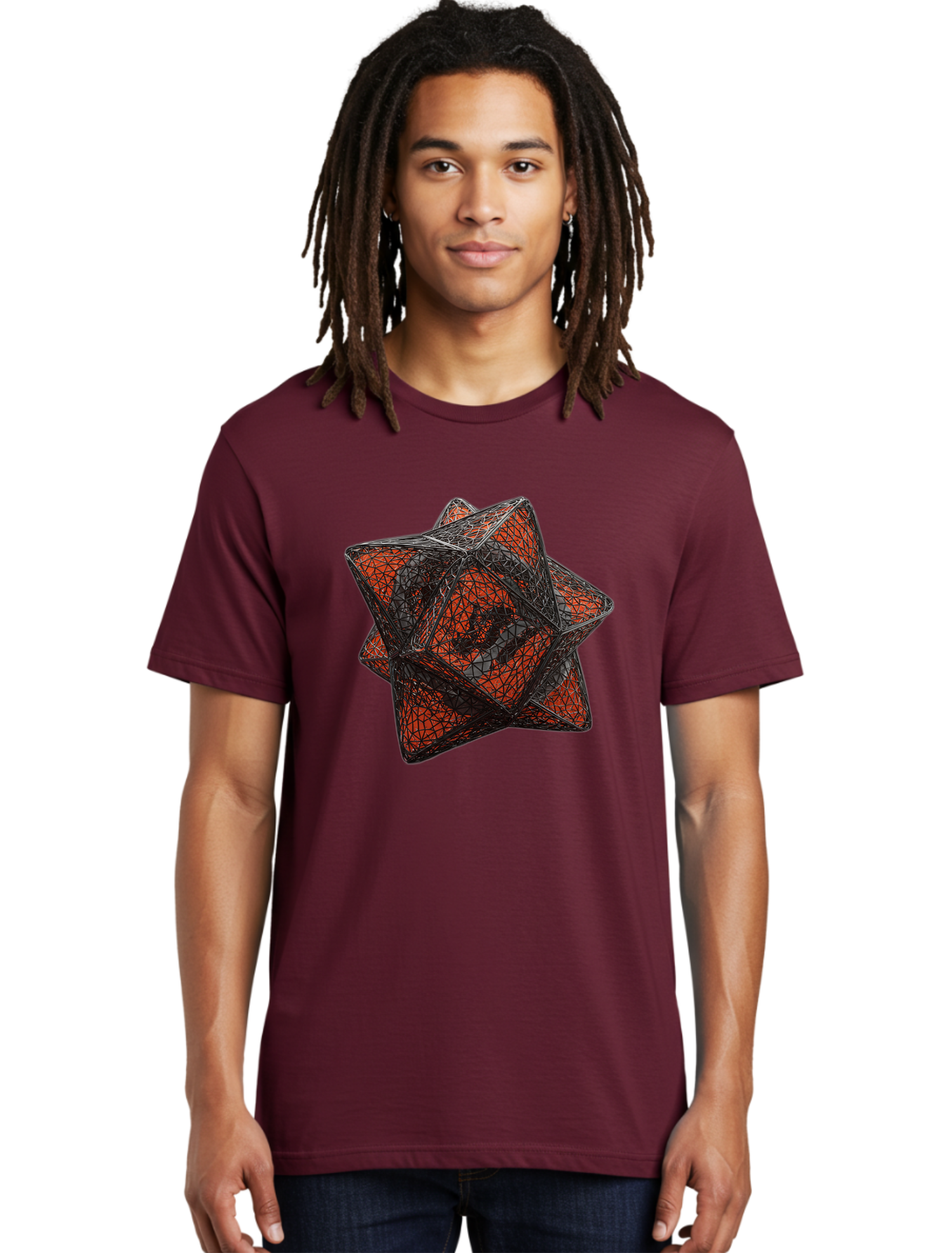 Wireframe-Star Men'S Graphic Tee, 100% Cotton, Comfortable Casual Summer Wear, Machine Washable, Geometric Star Shape, Complex 3D Structure, Red And Black Geometric Pattern, Intricate Angular Design, Polygon Mesh Art Bad917