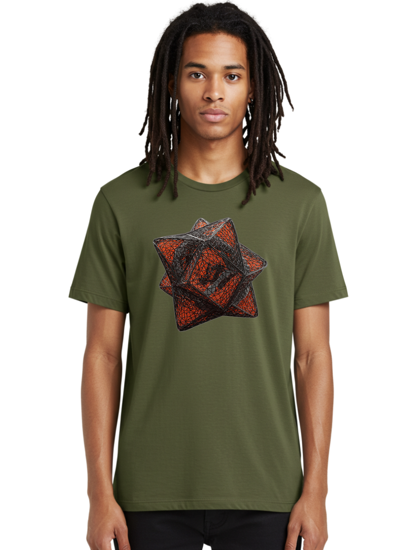 Wireframe-Star Men'S Graphic Tee, 100% Cotton, Comfortable Casual Summer Wear, Machine Washable, Geometric Star Shape, Complex 3D Structure, Red And Black Geometric Pattern, Intricate Angular Design, Polygon Mesh Art Bad917