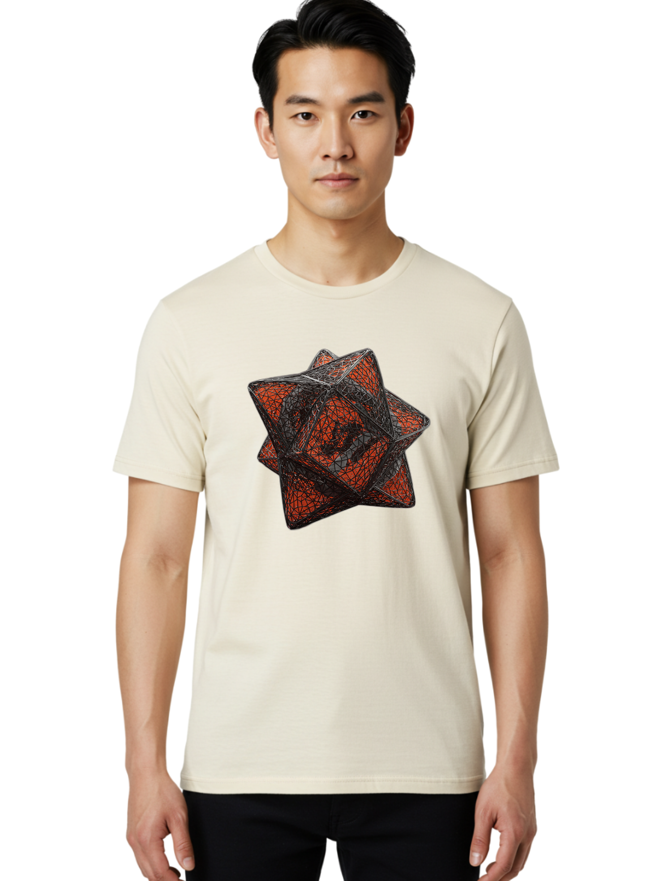 Wireframe-Star Men'S Graphic Tee, 100% Cotton, Comfortable Casual Summer Wear, Machine Washable, Geometric Star Shape, Complex 3D Structure, Red And Black Geometric Pattern, Intricate Angular Design, Polygon Mesh Art Bad917