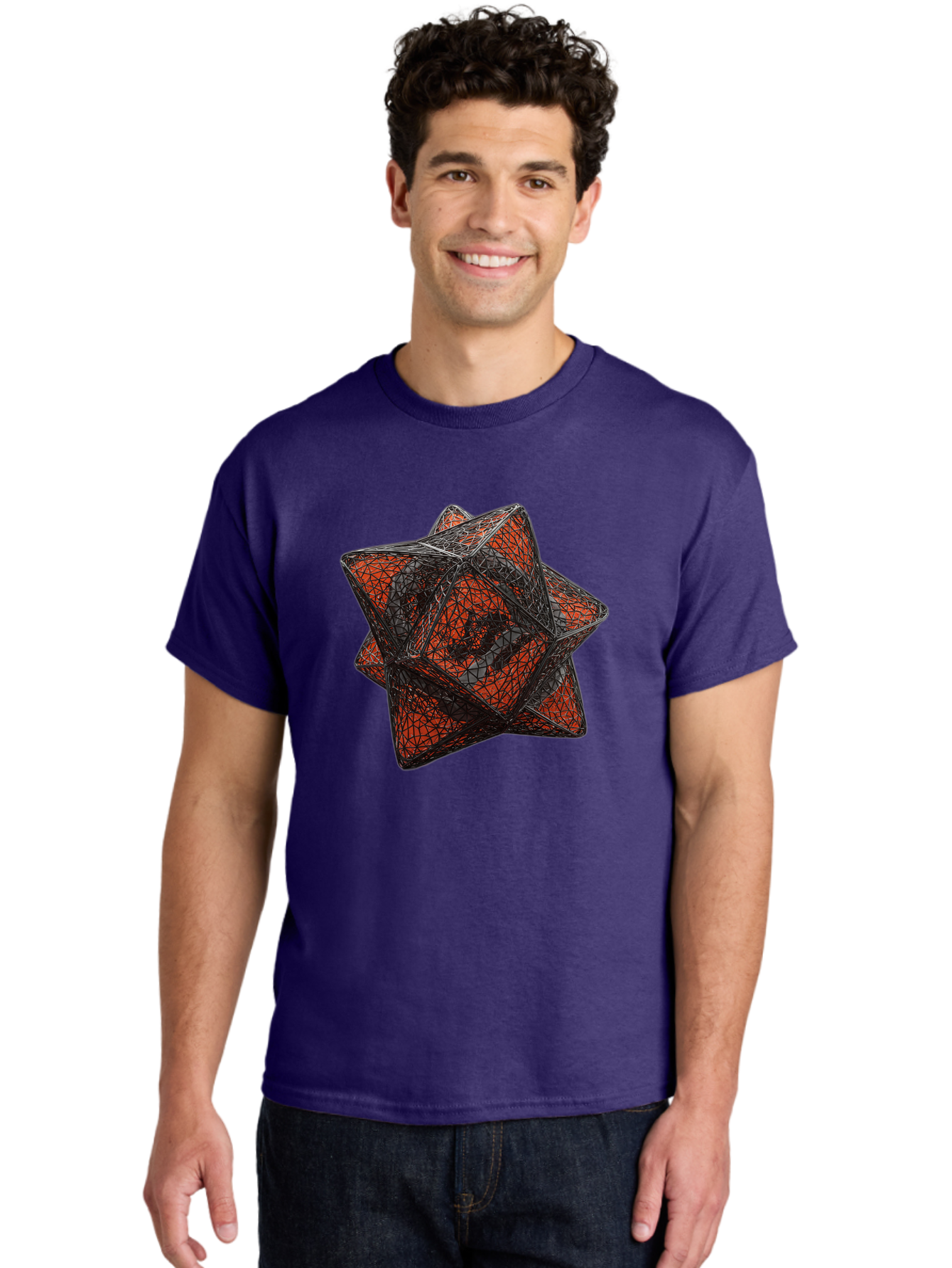 Wireframe-Star Men'S Graphic Tee, 100% Cotton, Comfortable Casual Summer Wear, Machine Washable, Geometric Star Shape, Complex 3D Structure, Red And Black Geometric Pattern, Intricate Angular Design, Polygon Mesh Art Bad917