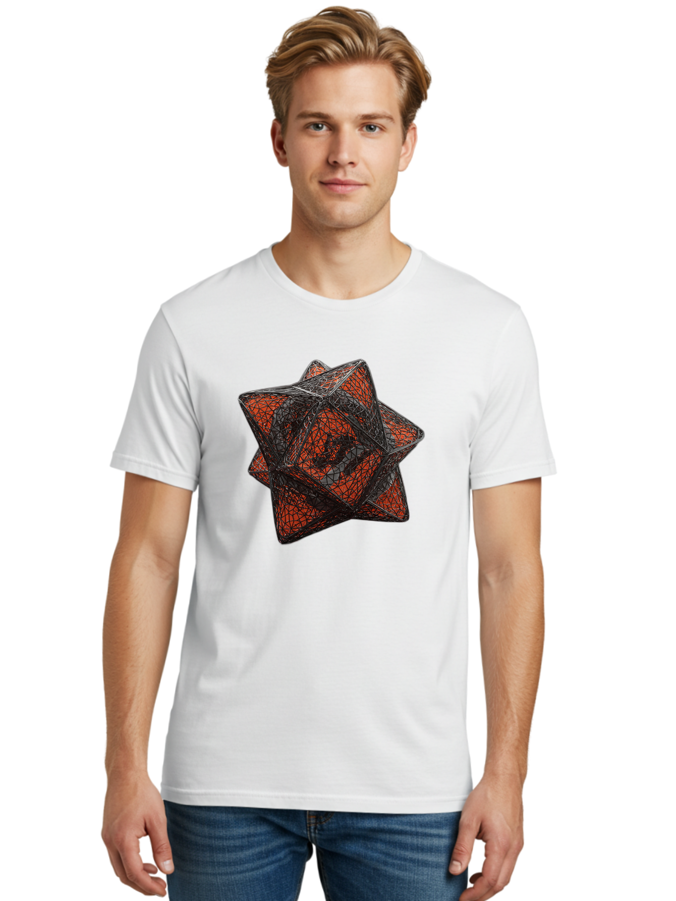 Wireframe-Star Men'S Graphic Tee, 100% Cotton, Comfortable Casual Summer Wear, Machine Washable, Geometric Star Shape, Complex 3D Structure, Red And Black Geometric Pattern, Intricate Angular Design, Polygon Mesh Art Bad917
