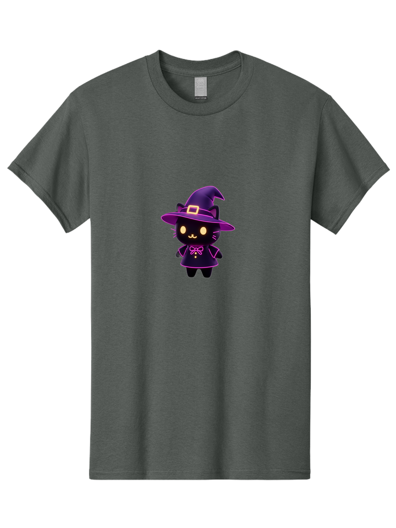 Witch-Cat Men'S Graphic Tee, 100% Cotton, Comfortable Casual Summer Wear, Machine Washable, Cartoon Black Cat, Witch Costume, Purple Hat, Gold Buckle, Pink Bow, Cute Design, Kawaii Style, Halloween Theme, Adorable Cat Character Bad918