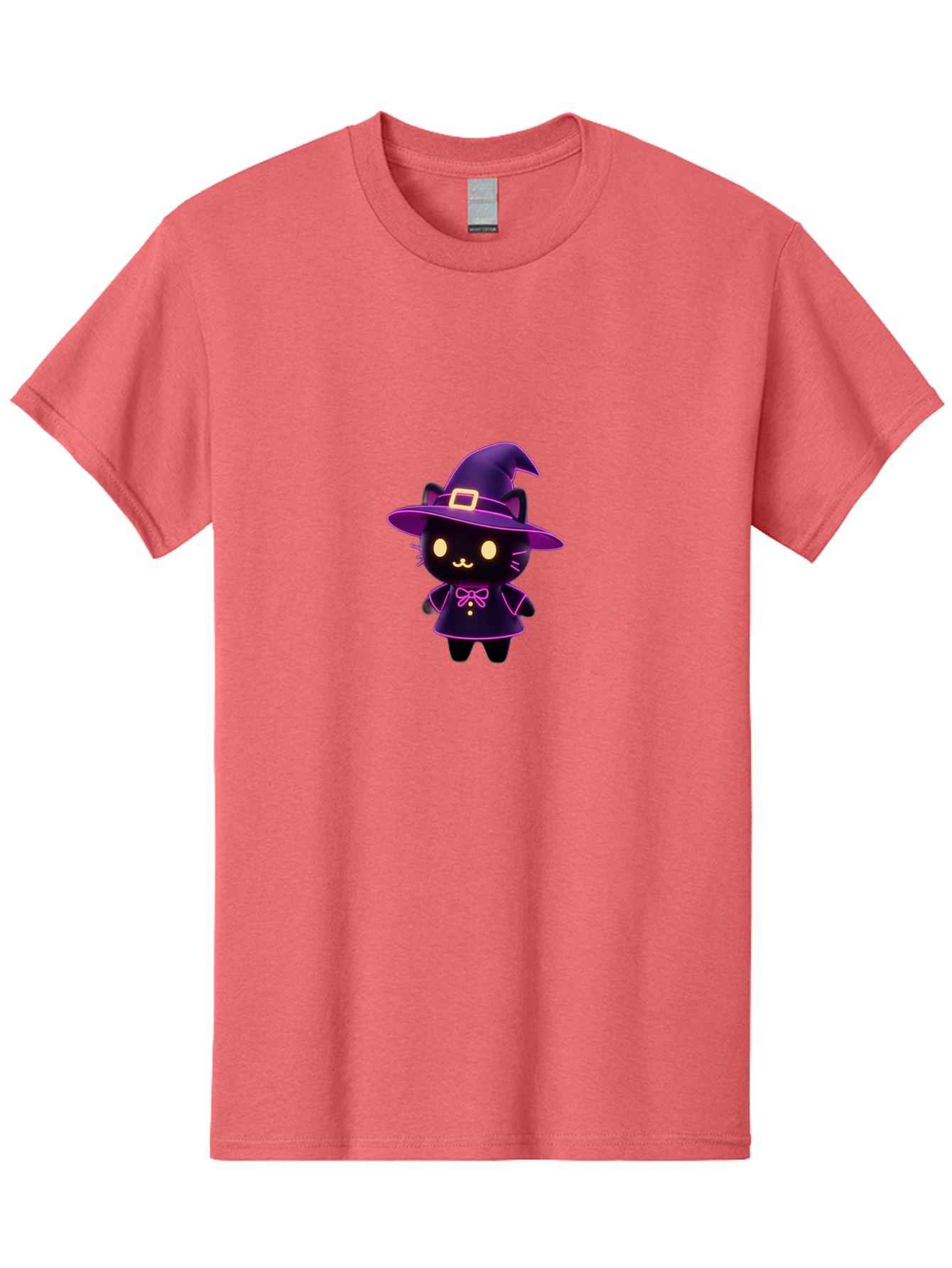 Witch-Cat Men'S Graphic Tee, 100% Cotton, Comfortable Casual Summer Wear, Machine Washable, Cartoon Black Cat, Witch Costume, Purple Hat, Gold Buckle, Pink Bow, Cute Design, Kawaii Style, Halloween Theme, Adorable Cat Character Bad918