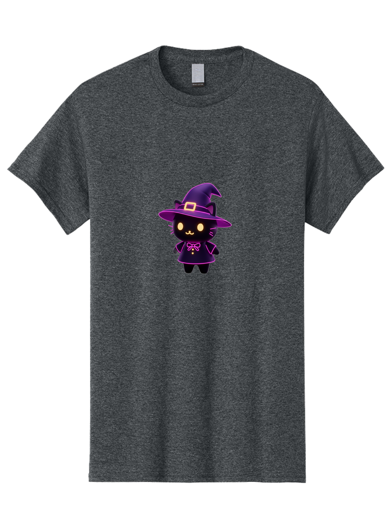 Witch-Cat Men'S Graphic Tee, 100% Cotton, Comfortable Casual Summer Wear, Machine Washable, Cartoon Black Cat, Witch Costume, Purple Hat, Gold Buckle, Pink Bow, Cute Design, Kawaii Style, Halloween Theme, Adorable Cat Character Bad918