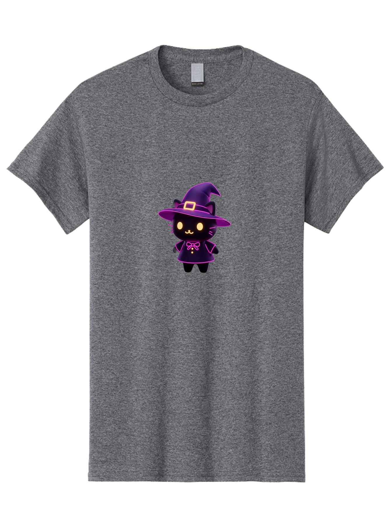 Witch-Cat Men'S Graphic Tee, 100% Cotton, Comfortable Casual Summer Wear, Machine Washable, Cartoon Black Cat, Witch Costume, Purple Hat, Gold Buckle, Pink Bow, Cute Design, Kawaii Style, Halloween Theme, Adorable Cat Character Bad918
