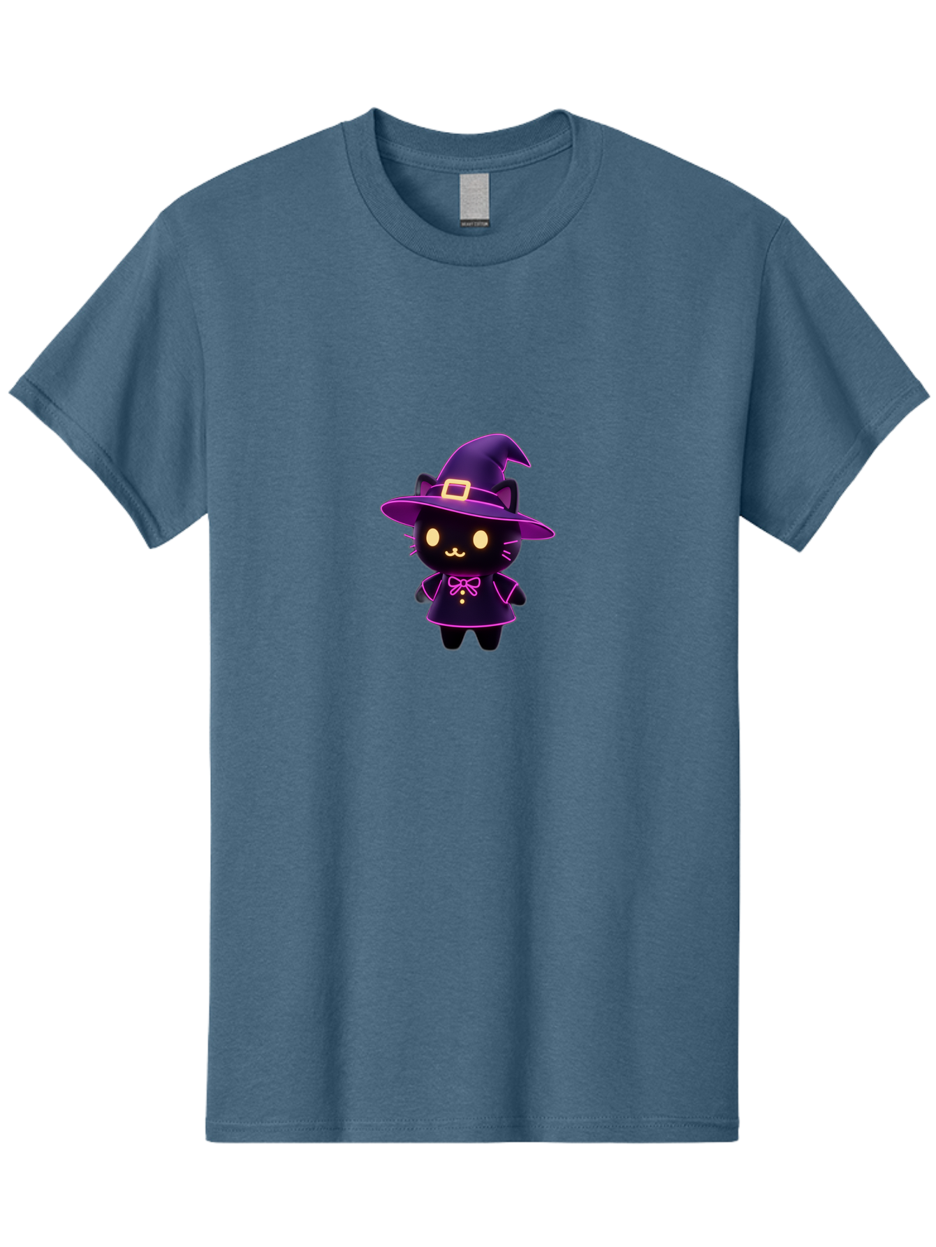 Witch-Cat Men'S Graphic Tee, 100% Cotton, Comfortable Casual Summer Wear, Machine Washable, Cartoon Black Cat, Witch Costume, Purple Hat, Gold Buckle, Pink Bow, Cute Design, Kawaii Style, Halloween Theme, Adorable Cat Character Bad918