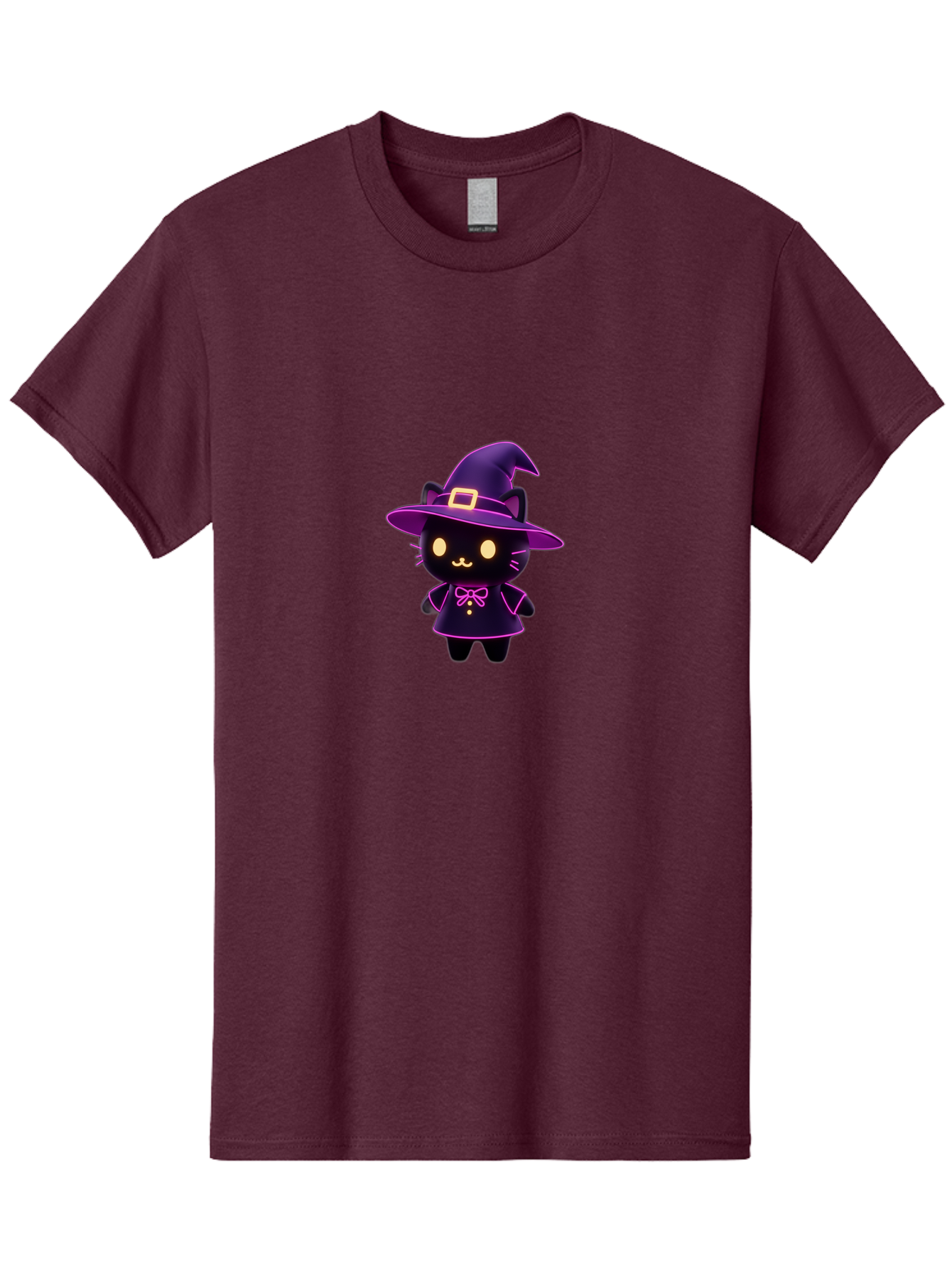Witch-Cat Men'S Graphic Tee, 100% Cotton, Comfortable Casual Summer Wear, Machine Washable, Cartoon Black Cat, Witch Costume, Purple Hat, Gold Buckle, Pink Bow, Cute Design, Kawaii Style, Halloween Theme, Adorable Cat Character Bad918