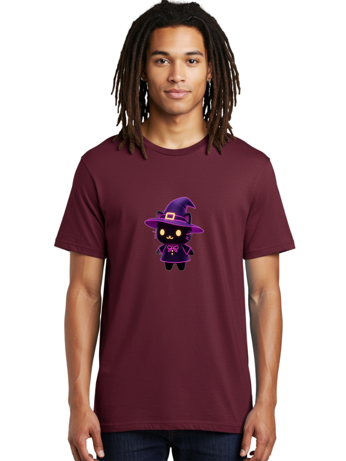 Witch-Cat Men'S Graphic Tee, 100% Cotton, Comfortable Casual Summer Wear, Machine Washable, Cartoon Black Cat, Witch Costume, Purple Hat, Gold Buckle, Pink Bow, Cute Design, Kawaii Style, Halloween Theme, Adorable Cat Character Bad918