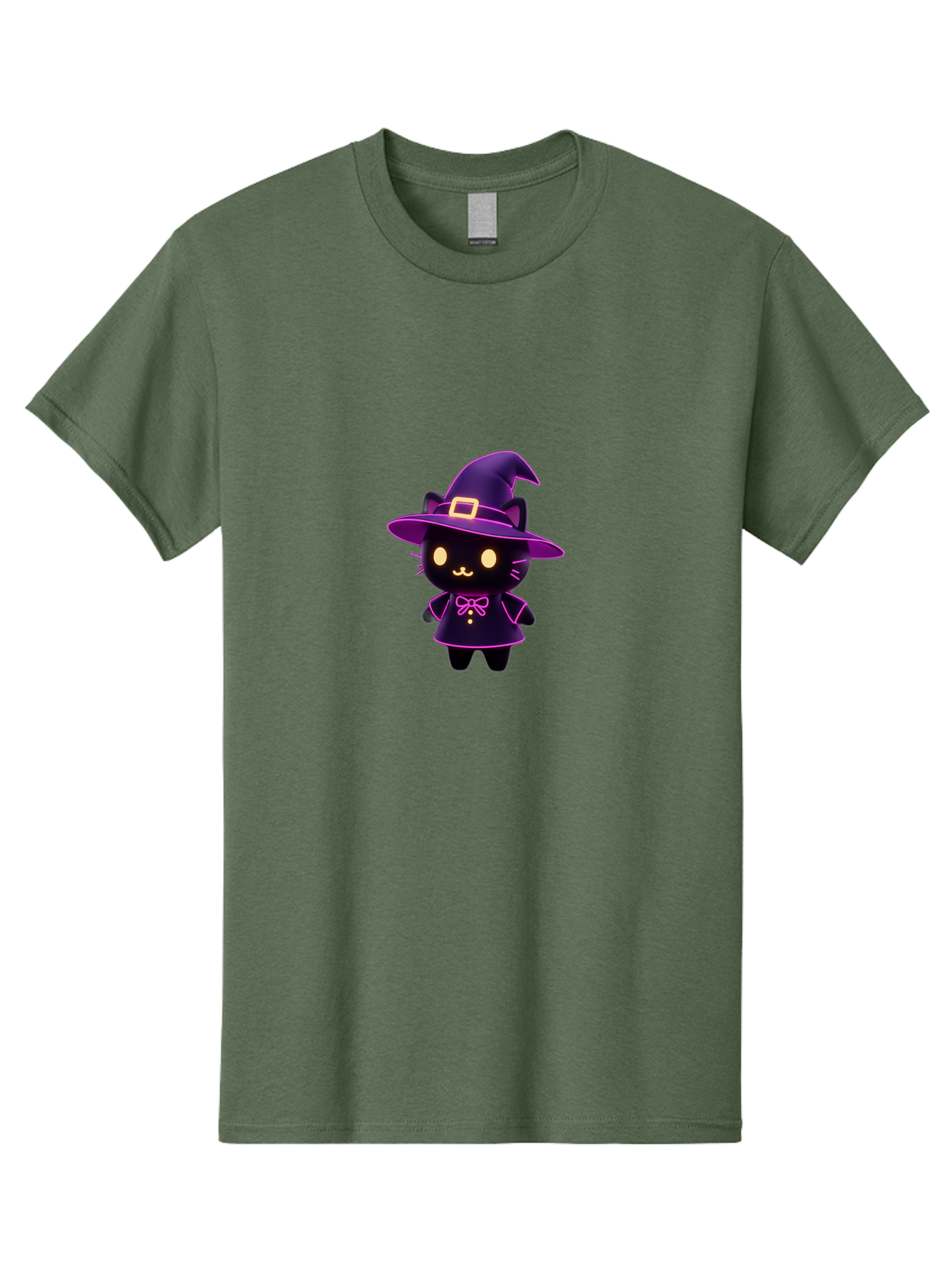 Witch-Cat Men'S Graphic Tee, 100% Cotton, Comfortable Casual Summer Wear, Machine Washable, Cartoon Black Cat, Witch Costume, Purple Hat, Gold Buckle, Pink Bow, Cute Design, Kawaii Style, Halloween Theme, Adorable Cat Character Bad918