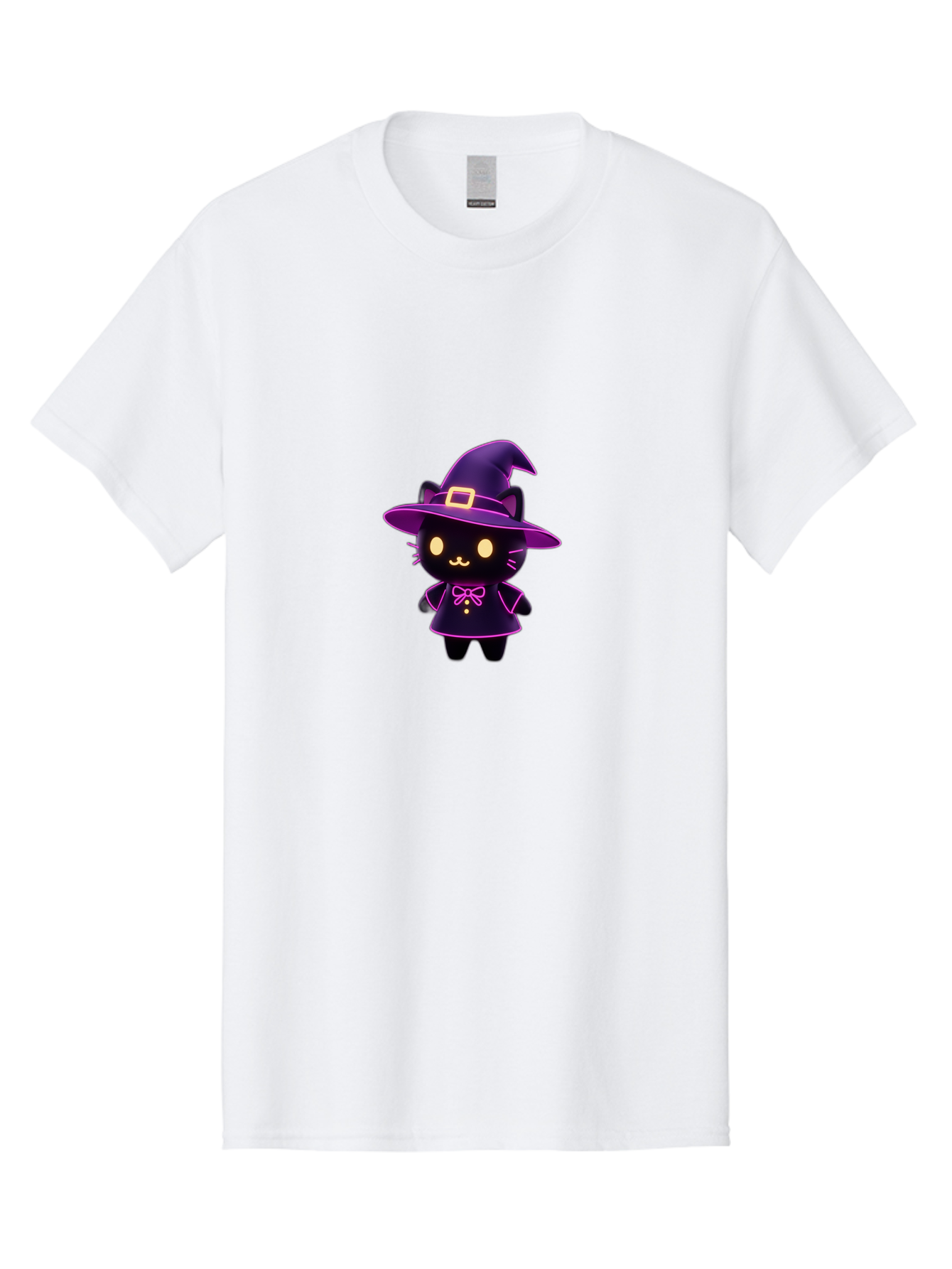 Witch-Cat Men'S Graphic Tee, 100% Cotton, Comfortable Casual Summer Wear, Machine Washable, Cartoon Black Cat, Witch Costume, Purple Hat, Gold Buckle, Pink Bow, Cute Design, Kawaii Style, Halloween Theme, Adorable Cat Character Bad918