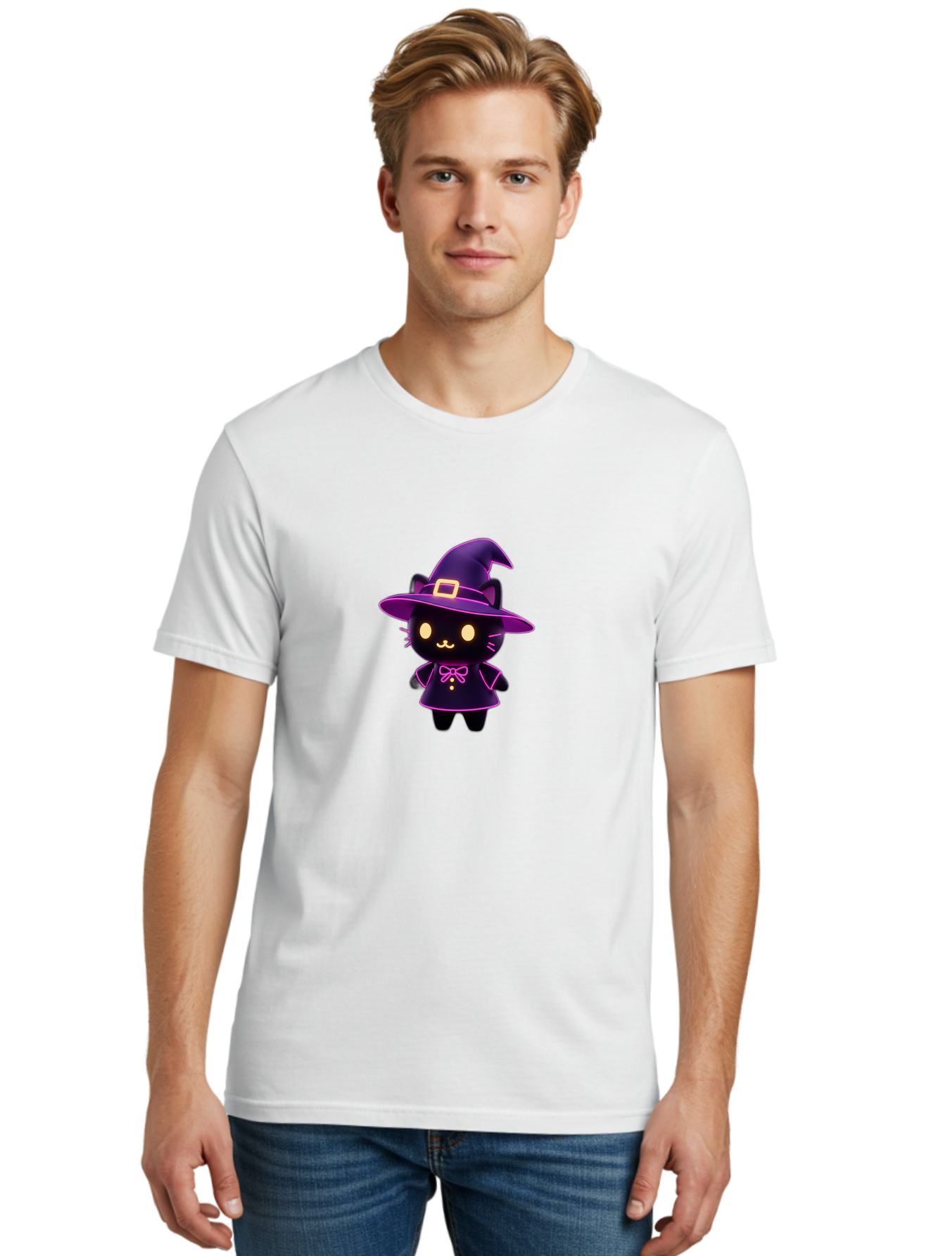 Witch-Cat Men'S Graphic Tee, 100% Cotton, Comfortable Casual Summer Wear, Machine Washable, Cartoon Black Cat, Witch Costume, Purple Hat, Gold Buckle, Pink Bow, Cute Design, Kawaii Style, Halloween Theme, Adorable Cat Character Bad918