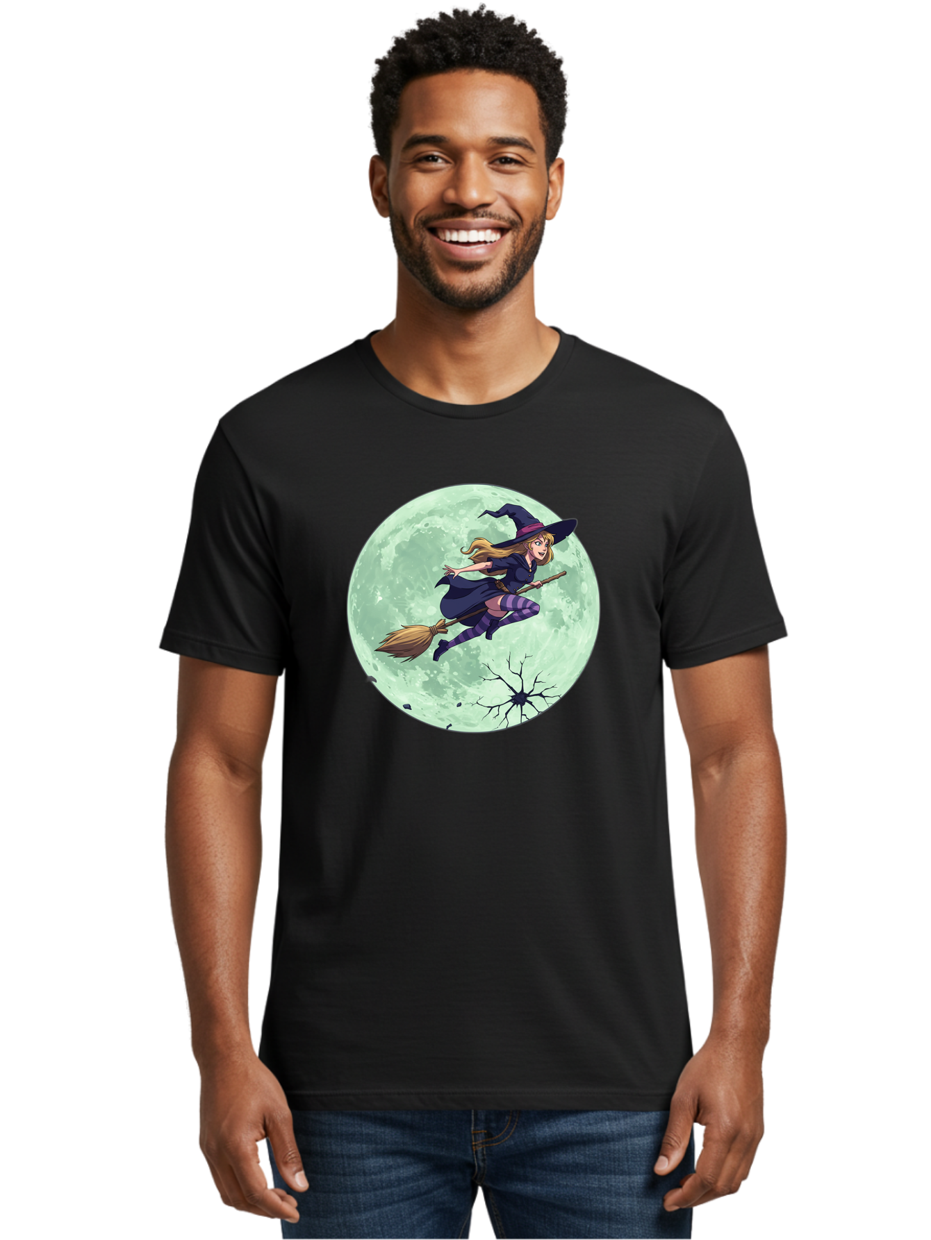 Witch-Flying-Broomstick Men'S Graphic Tee, 100% Cotton, Comfortable Casual Summer Wear, Machine Washable, Witch Flying On Broomstick, Full Moon, Halloween Magic, Fantasy Illustration, Mystical Night, Supernatural Creatures, Cartoon Style Bad919