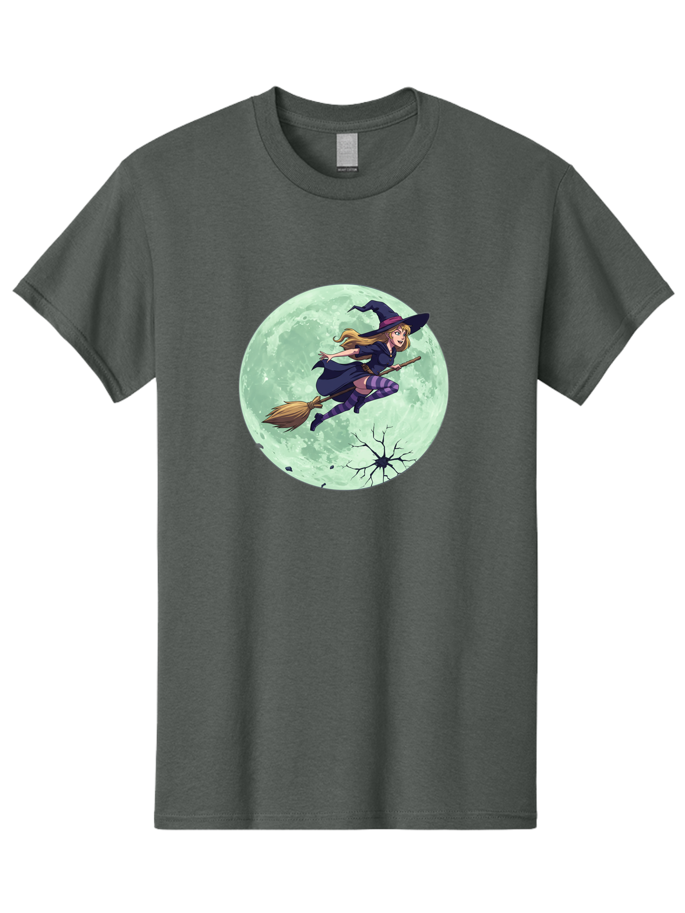 Witch-Flying-Broomstick Men'S Graphic Tee, 100% Cotton, Comfortable Casual Summer Wear, Machine Washable, Witch Flying On Broomstick, Full Moon, Halloween Magic, Fantasy Illustration, Mystical Night, Supernatural Creatures, Cartoon Style Bad919